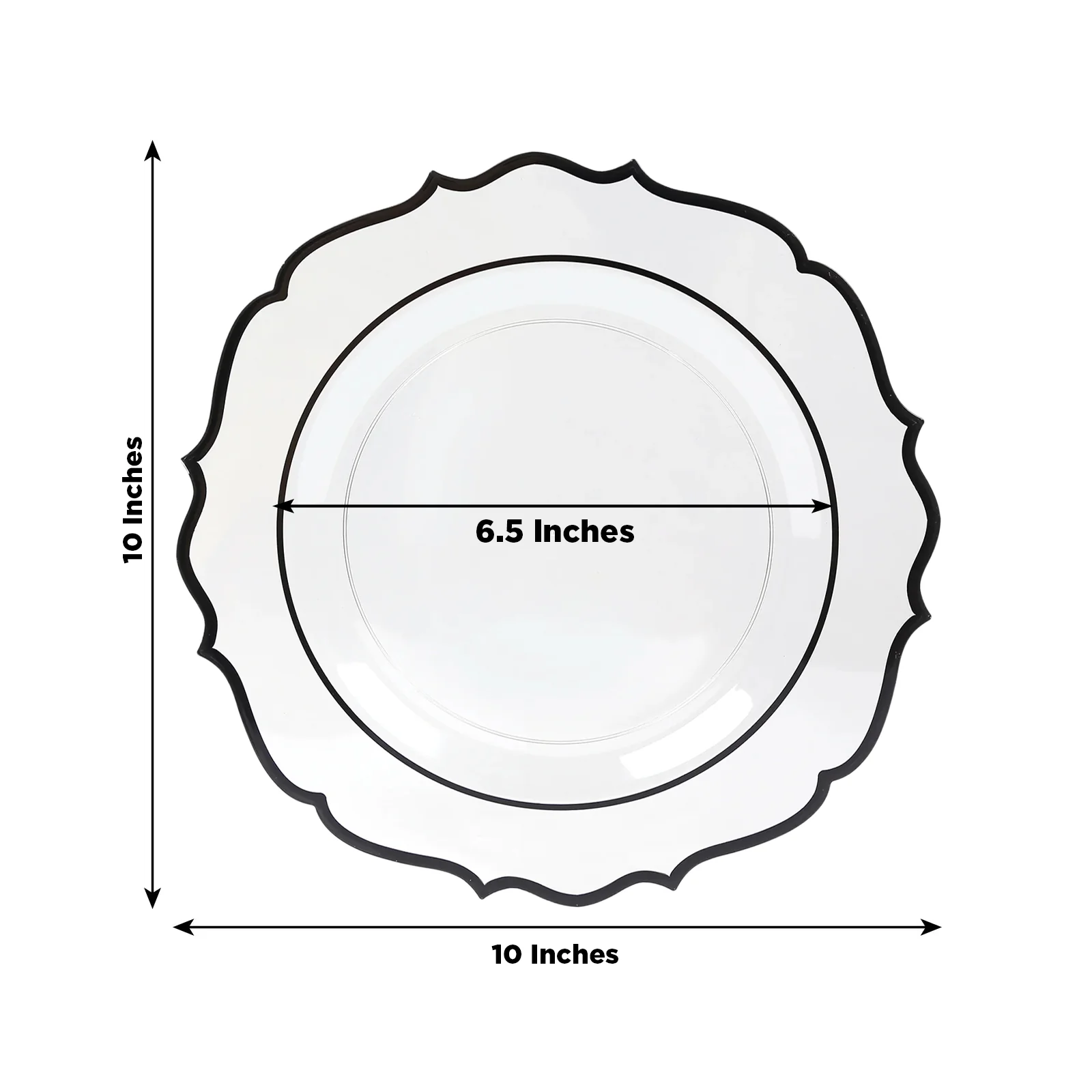 10-Pack Plastic 10" Round Dinner Plates in Clear with Black Scalloped Rim - Disposable Party Plates - Image 2