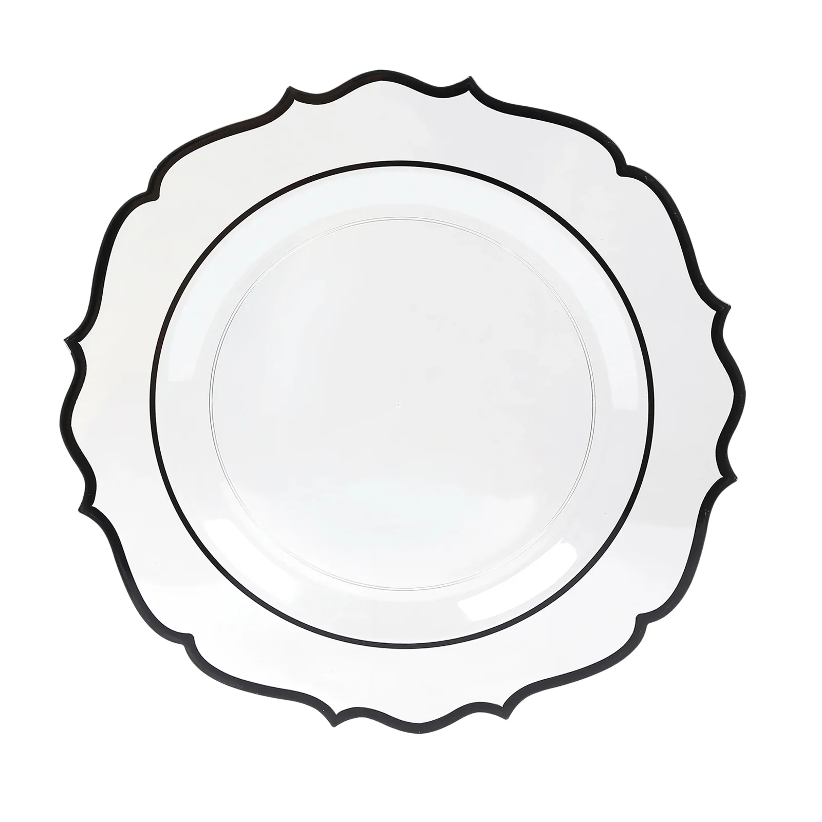 10-Pack Plastic 10" Round Dinner Plates in Clear with Black Scalloped Rim - Disposable Party Plates - Image 6