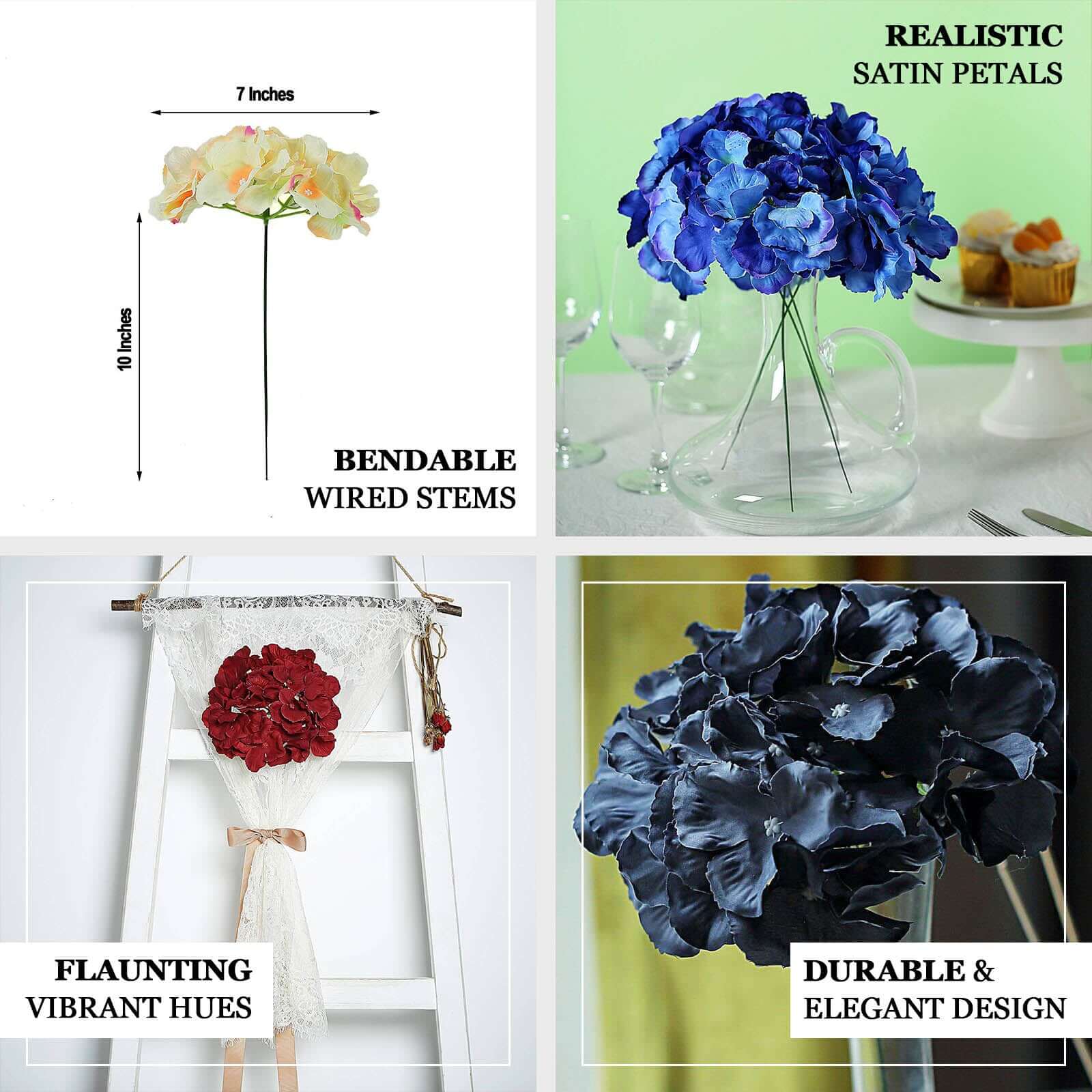 10 Flower Head and Stems White Artificial Satin Hydrangeas, DIY Arrangement - Image 4