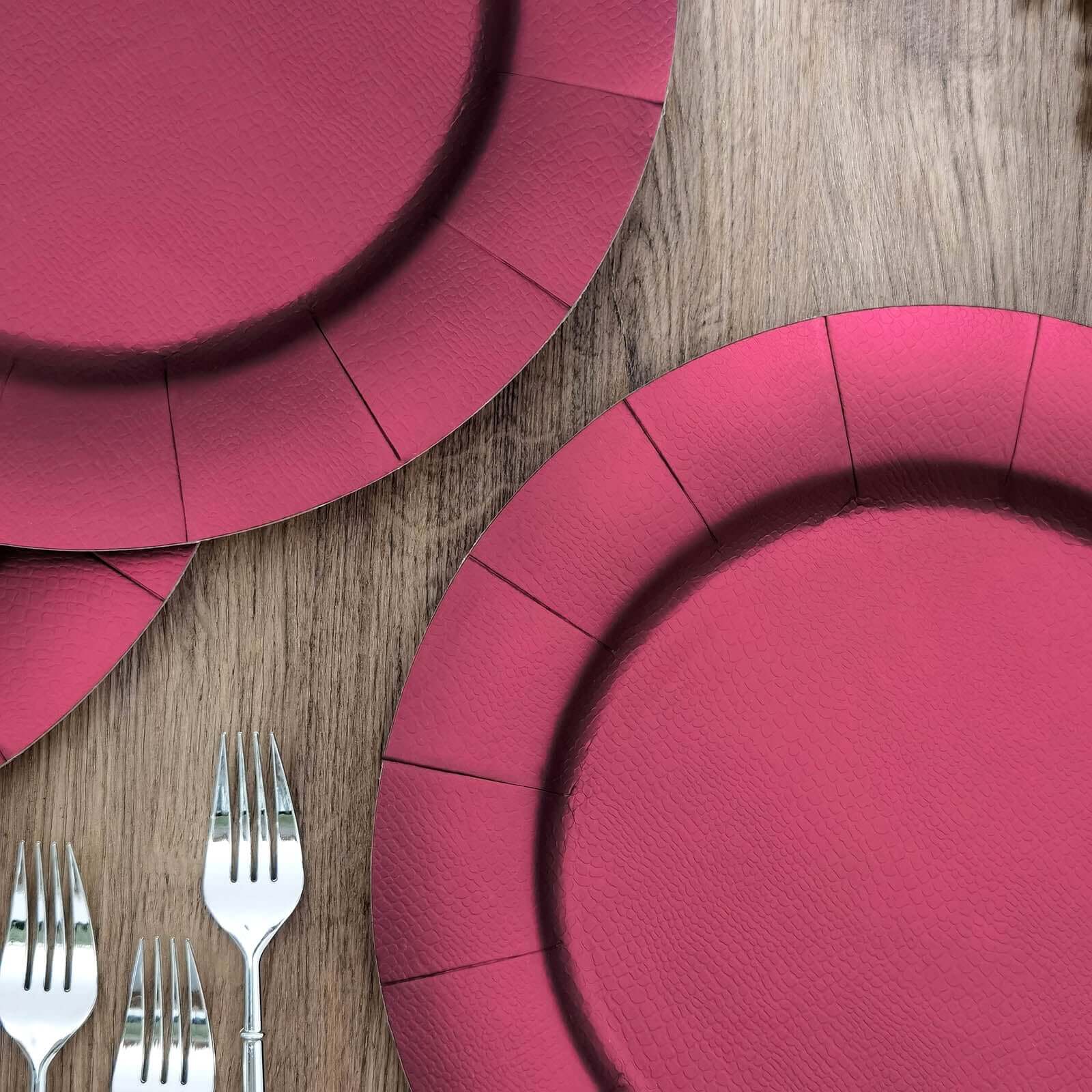 10-Pack Disposable Round Charger Plates in Burgundy with Leathery Texture - Durable 1100GSM Cardboard Placemats 13" - Image 12