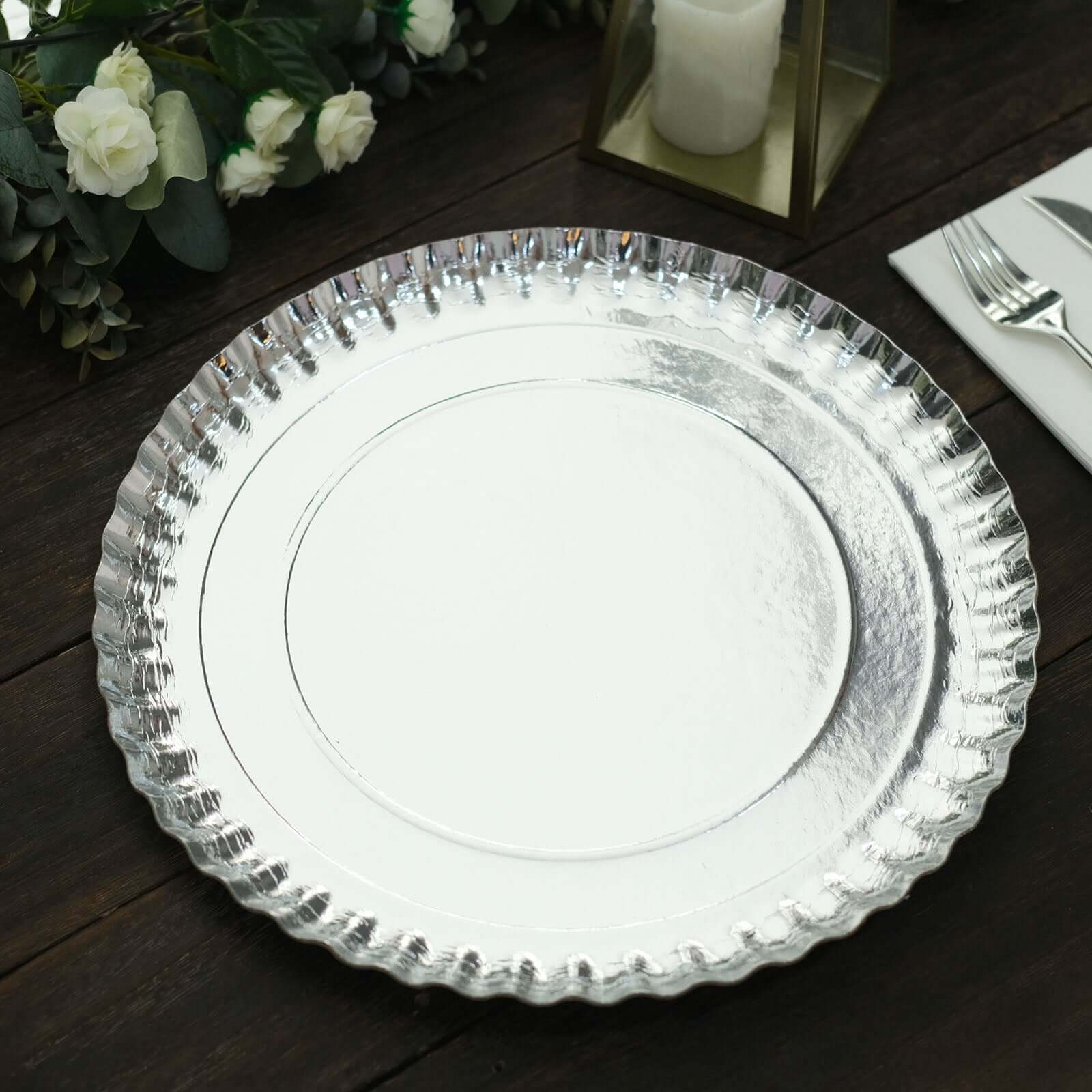10-Pack Paper 13" Round Charger Plates in Silver with Scalloped Rims - Heavy Duty Disposable 1100GSM Serving Trays for Glam Events & Wedding Receptions - Image 10