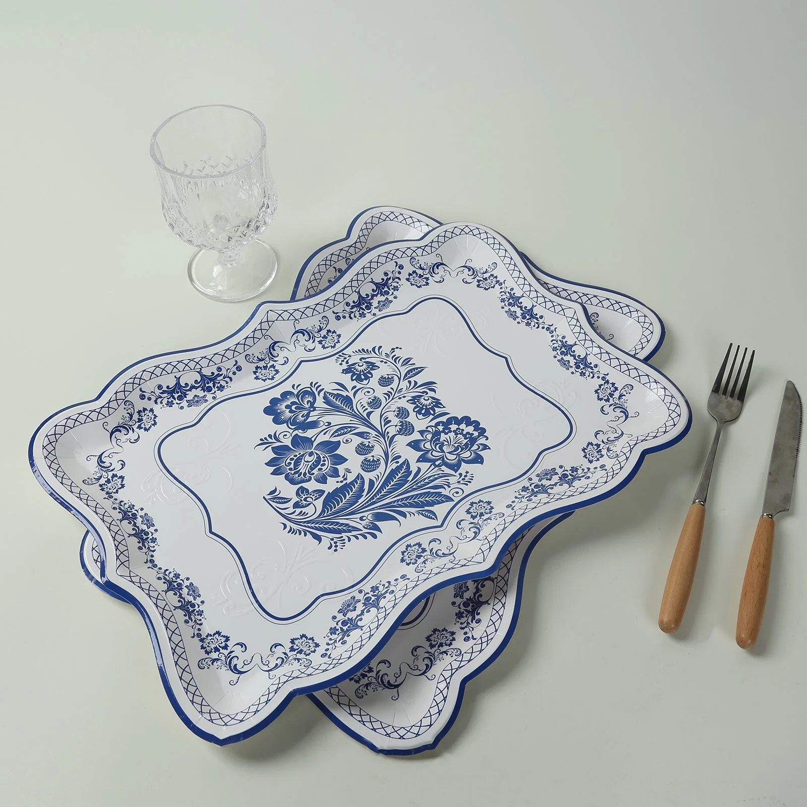 10-Pack Paper 14"x10" Rectangle Serving Trays White Royal Blue Damask Floral Pattern for Weddings & Parties - Image 6