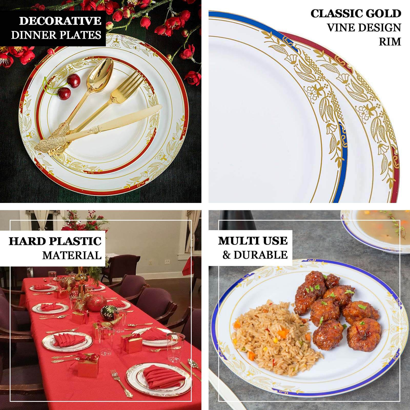 10-Pack Plastic 8" Round Dessert Plates in White with Red Rim - Stylish Gold Vine Design Disposable Salad/Appetizer Plates for Special Occasions & Celebrations - Image 4
