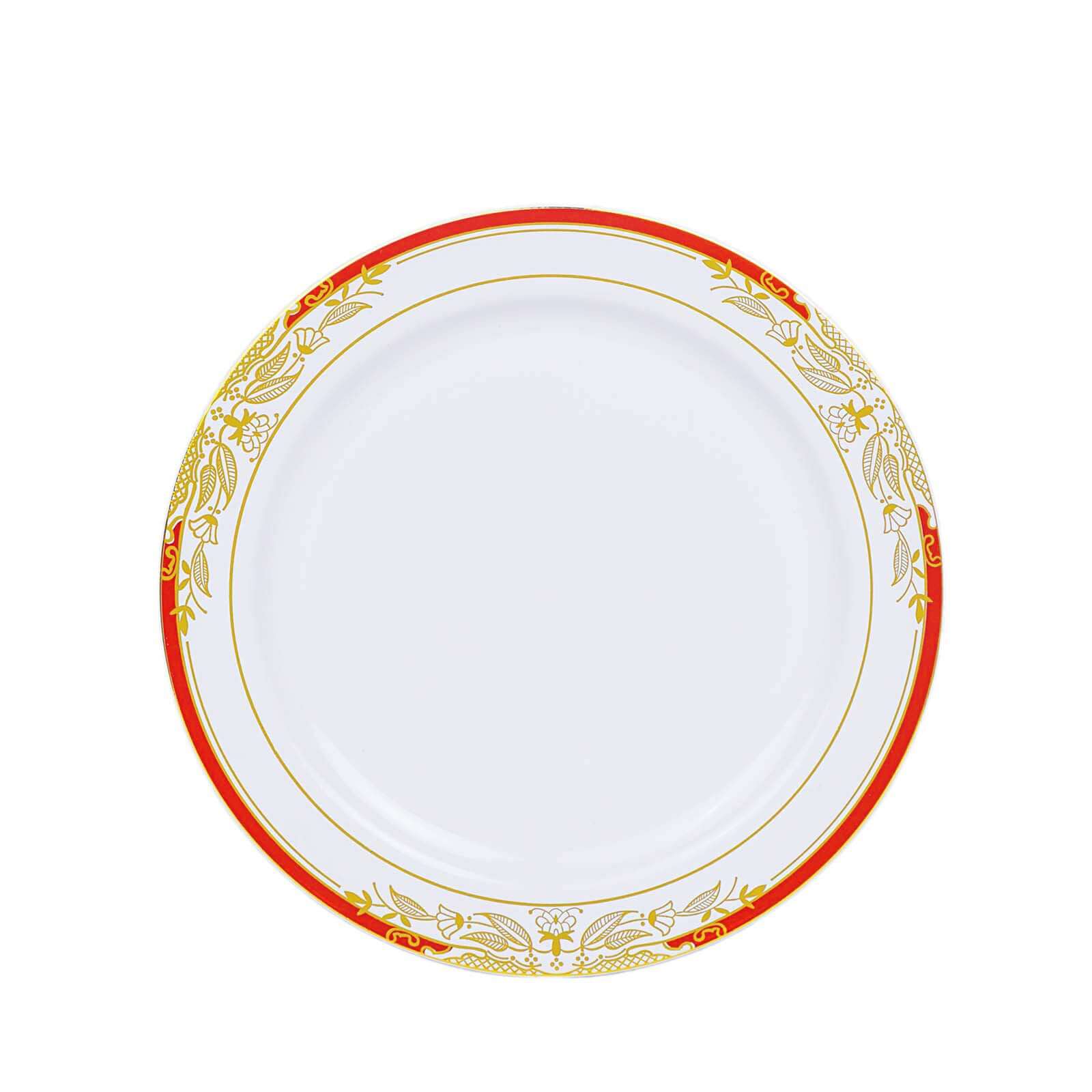 10-Pack Plastic 8" Round Dessert Plates in White with Red Rim - Stylish Gold Vine Design Disposable Salad/Appetizer Plates for Special Occasions & Celebrations - Image 7