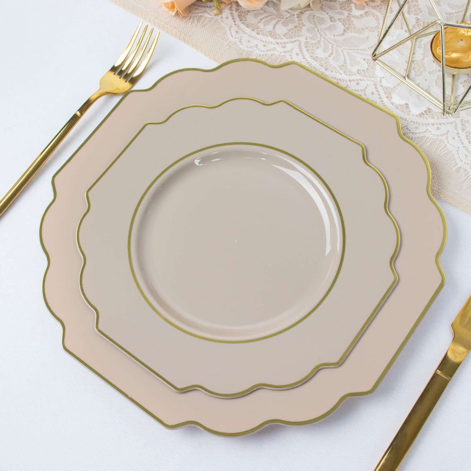 10-Pack Plastic Dessert Appetizer Plates in Taupe Baroque Design with Scalloped Gold Rim - Heavy Duty Disposable Salad Plates 8" - Image 10