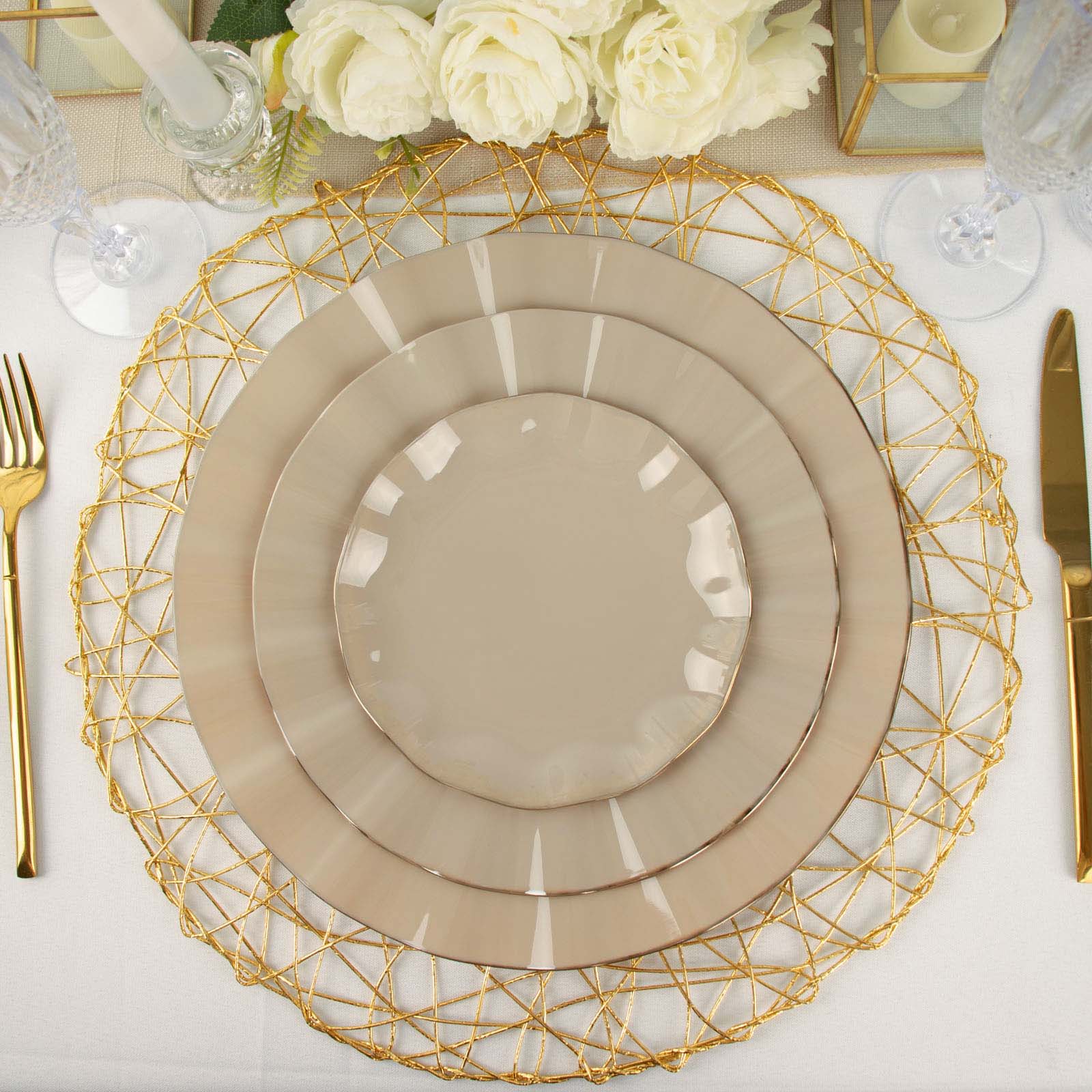 10-Pack Plastic Round 6" Dessert Plates in Taupe Ruffled Rim with Gold Edging - Sturdy Disposable Salad Appetizer Dinnerware - Image 2