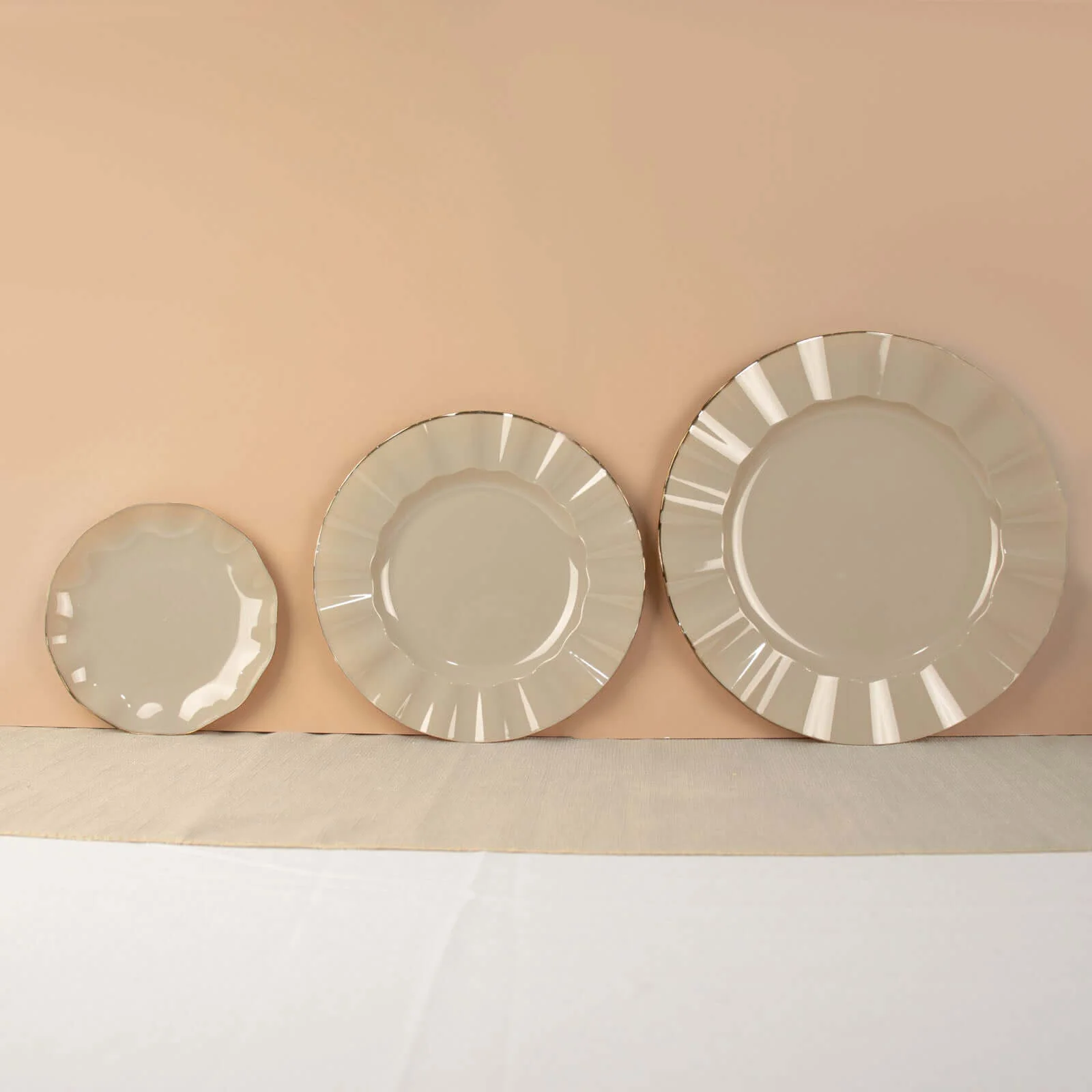 10-Pack Plastic Round 6" Dessert Plates in Taupe Ruffled Rim with Gold Edging - Sturdy Disposable Salad Appetizer Dinnerware - Image 7