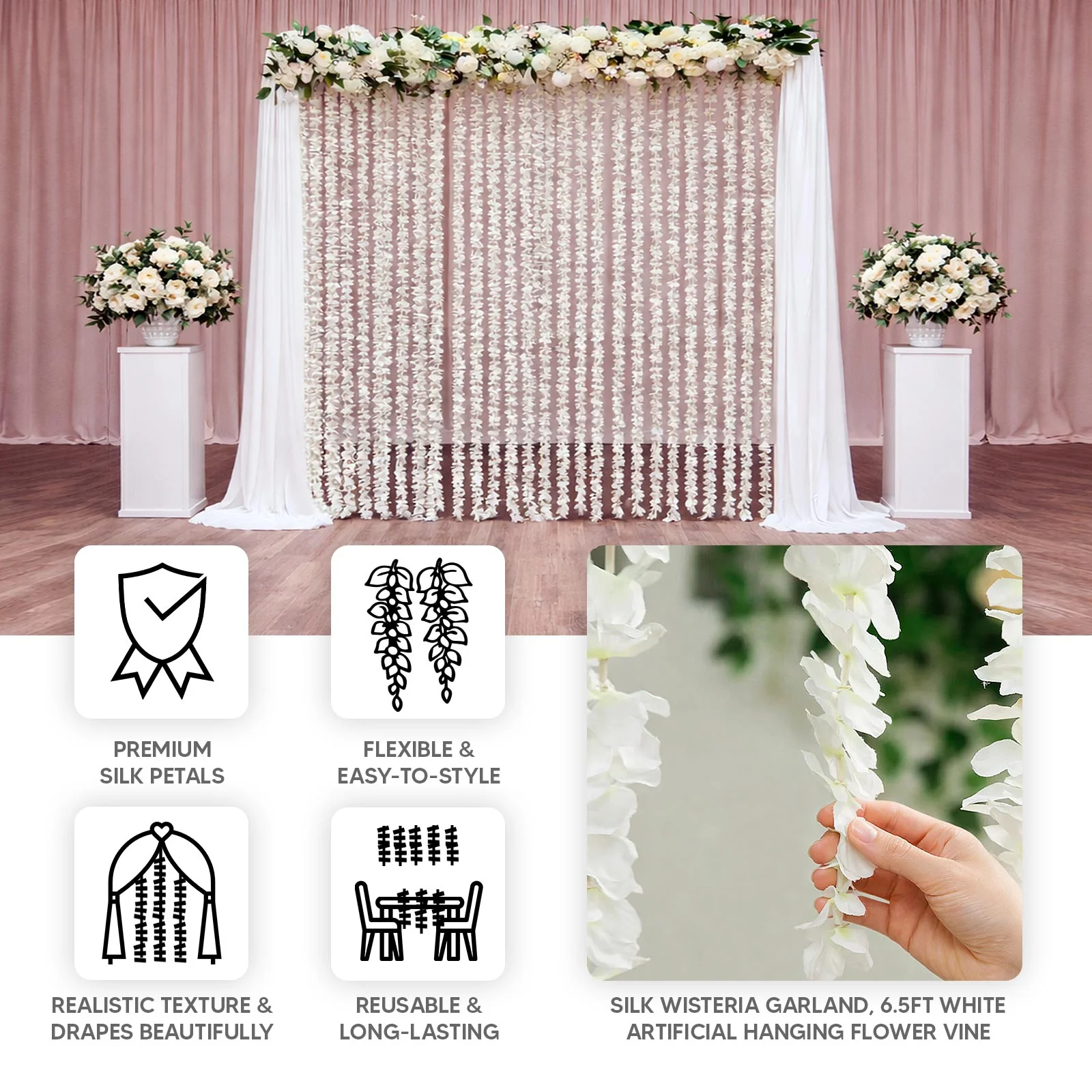 10 Pack White Artificial Wisteria Vines Flower Garlands, Hanging Silk Flowers Wedding Arch Garden Wall Decor - 6.5ft - Image 3