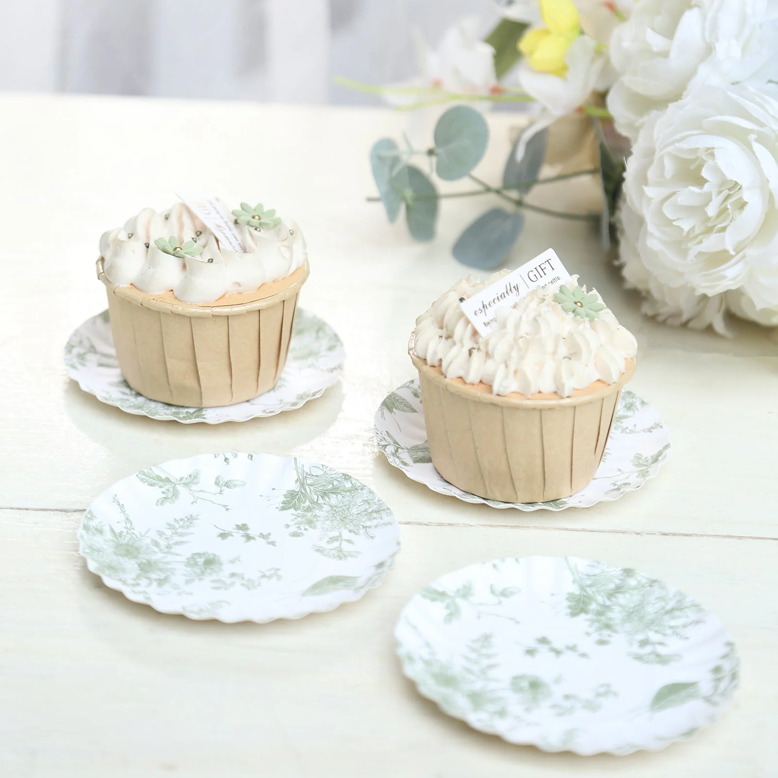 100-Pack Paper 3.5" Round Plates in White with Sage Green French Toile Design & Scalloped Rim - Disposable Mini 250GSM Dessert Party Plates for Tapas, Appetizers & Finger Foods - Image 8