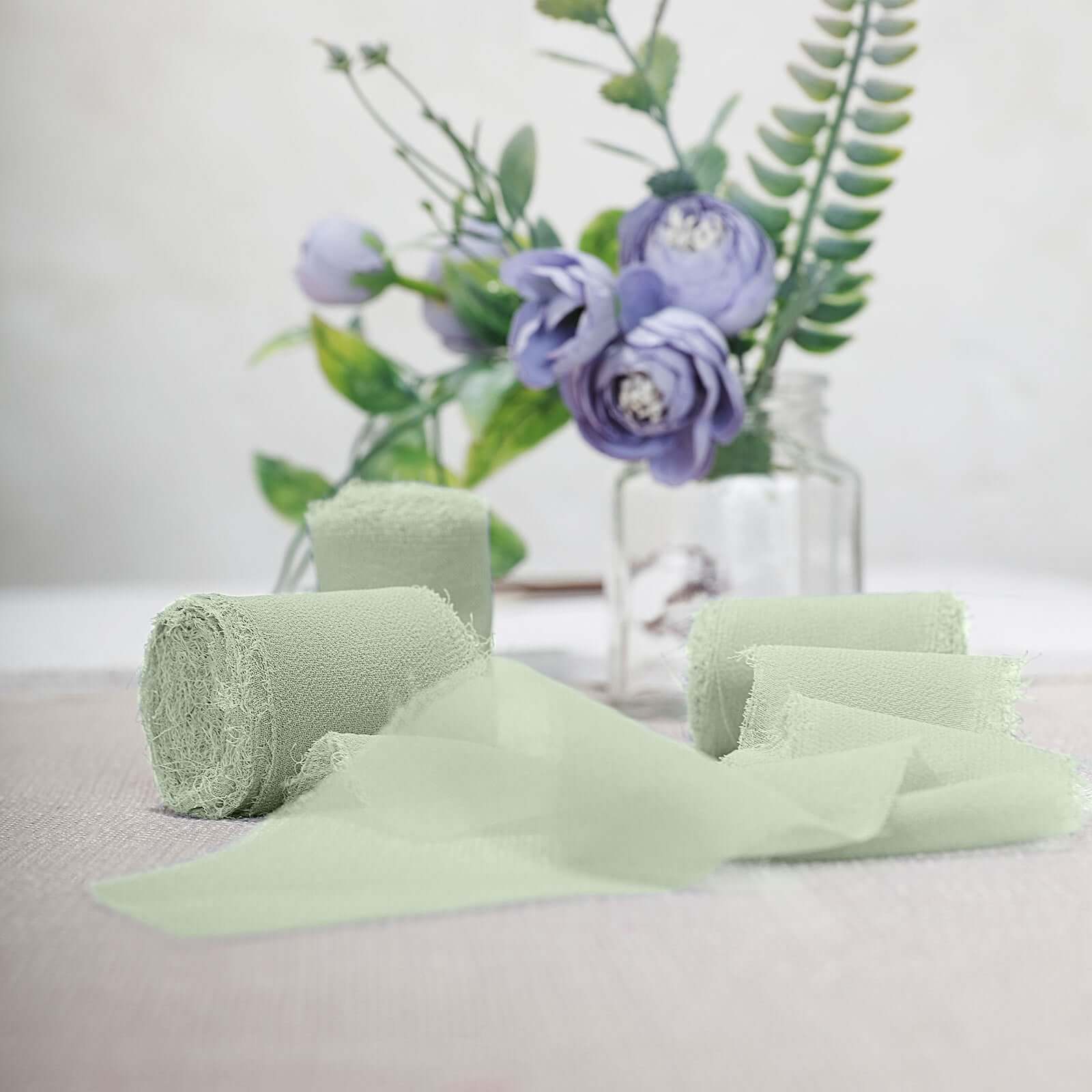 2 Pack 6yds Sage Green Silk-Like Chiffon Ribbon Roll, DIY Wedding Bouquet Linen Wrap - Image 8