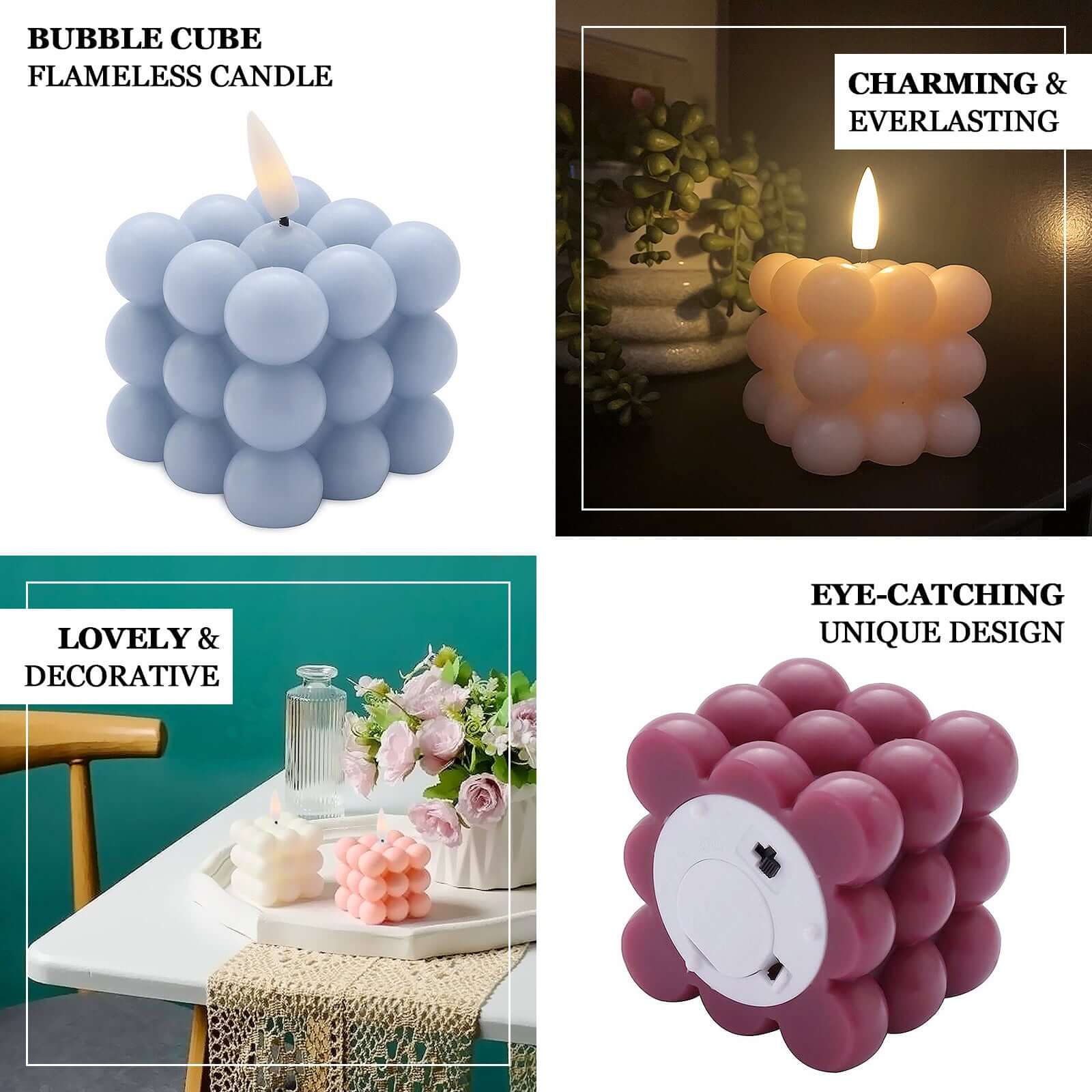 2-Pack LED Flameless Cube Candles Flickering Warm White Ivory - Battery Operated Bubble Design 2" - Image 4