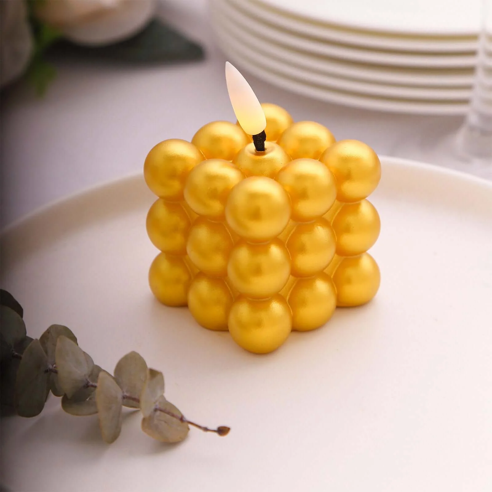 2-Pack LED Flameless Cube Candles Mini Bubble Metallic Gold - Battery Operated 2" - Image 6