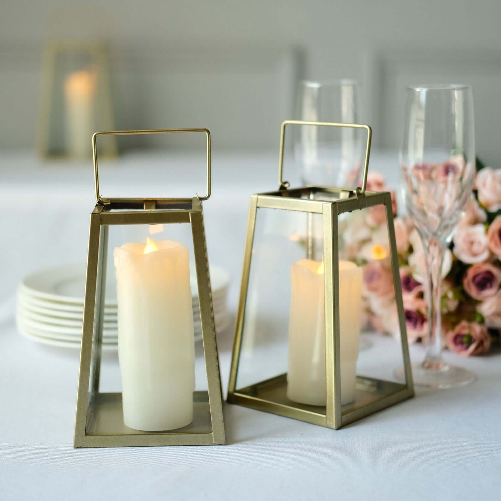 2-Pack Metal Candle Lanterns Trapezoid Geometric Design Gold - Hanging Terrariums Table Centerpieces for Indoor/Outdoor 6" - Image 2