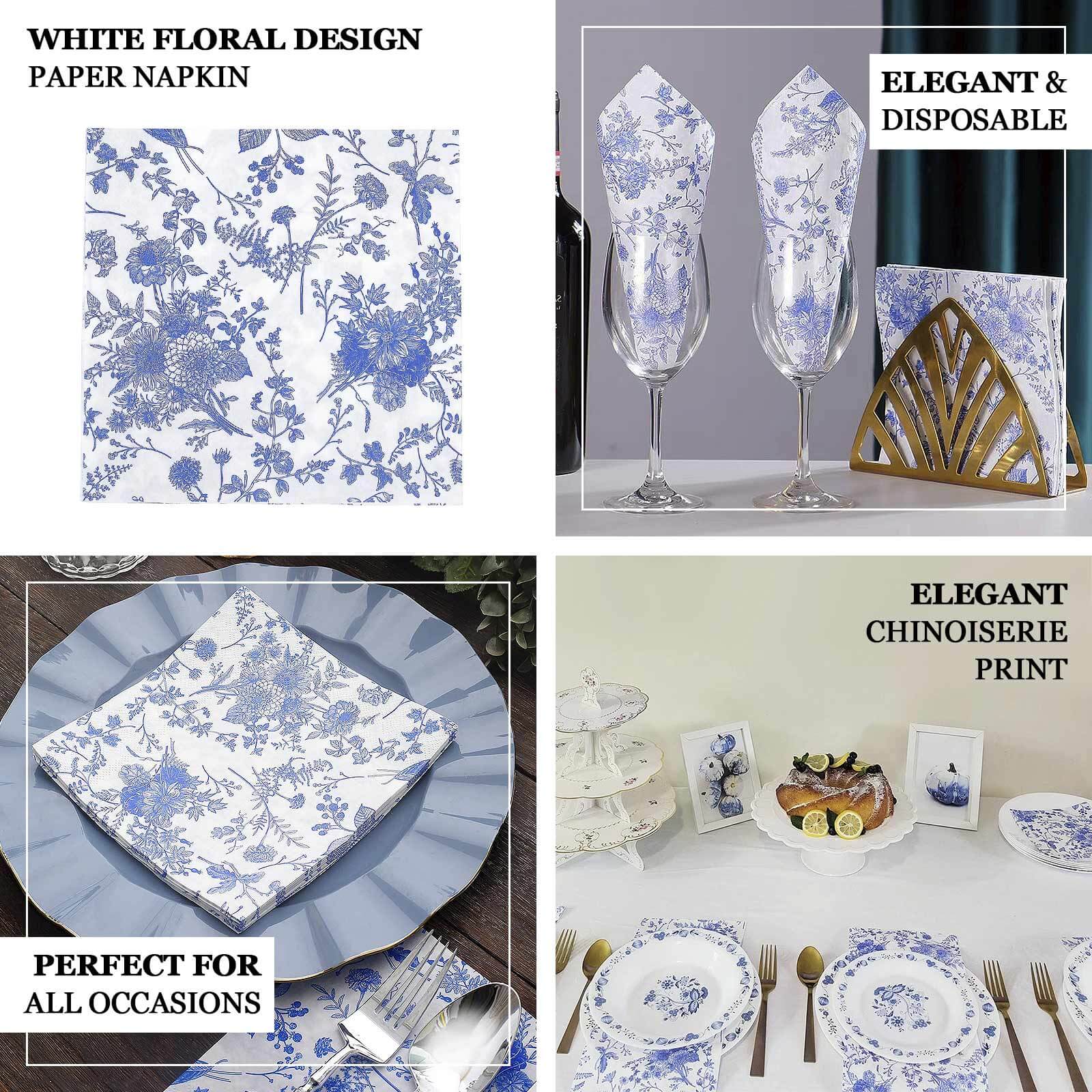 20-Pack Paper Cocktail Napkins with French Toile Print White/Blue - Disposable 2 Ply Beverage Napkins for Events 6.5"x6.5" - Image 4