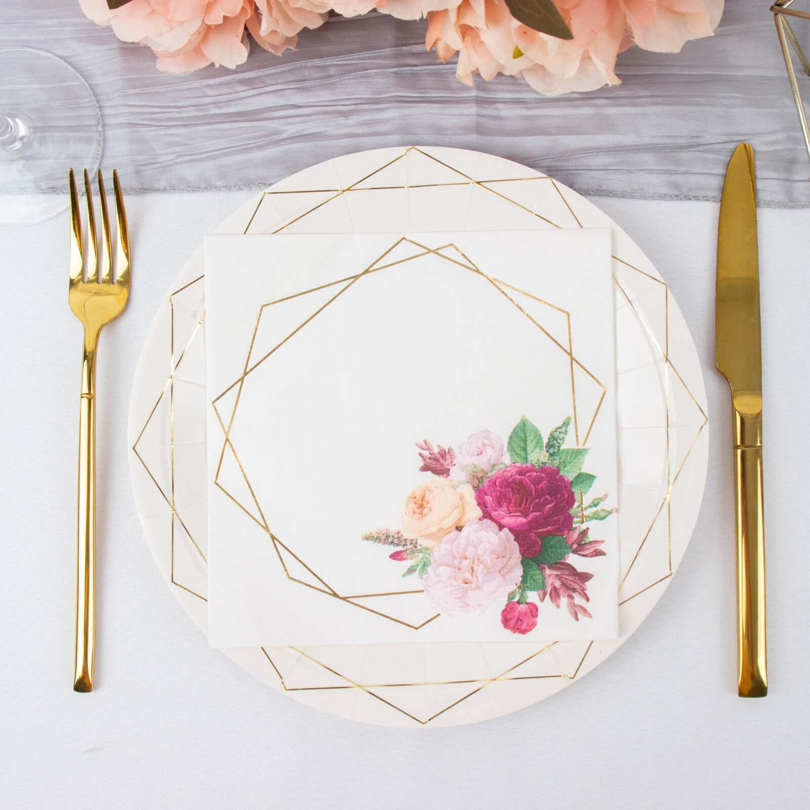 20-Pack Paper Napkins White with Gold Hexagon Frame & Floral Print 6.5" - Image 6