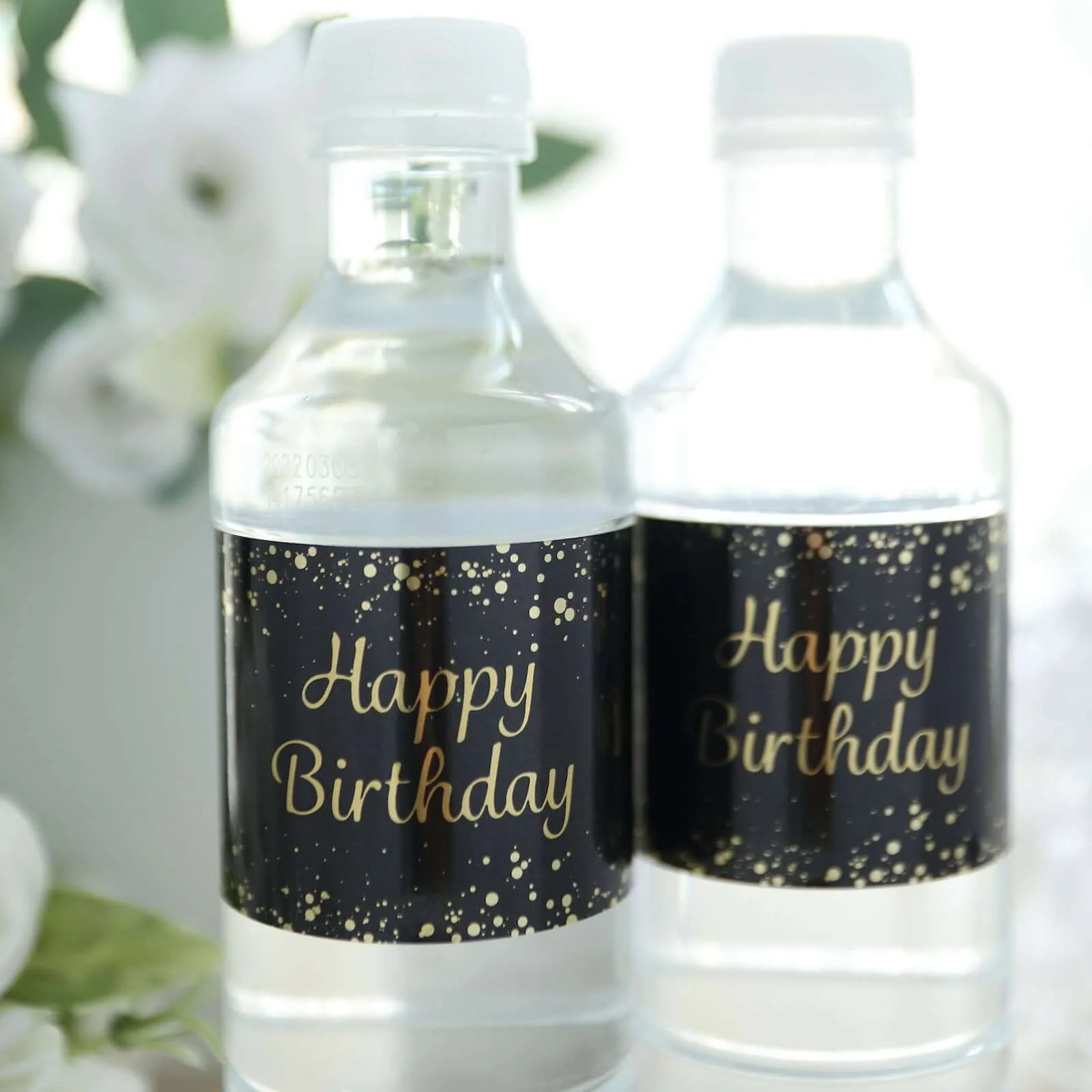 24 Pack Black/Gold Water Bottle Labels with Happy Birthday Print, Waterproof Bottle Stickers - Image 2