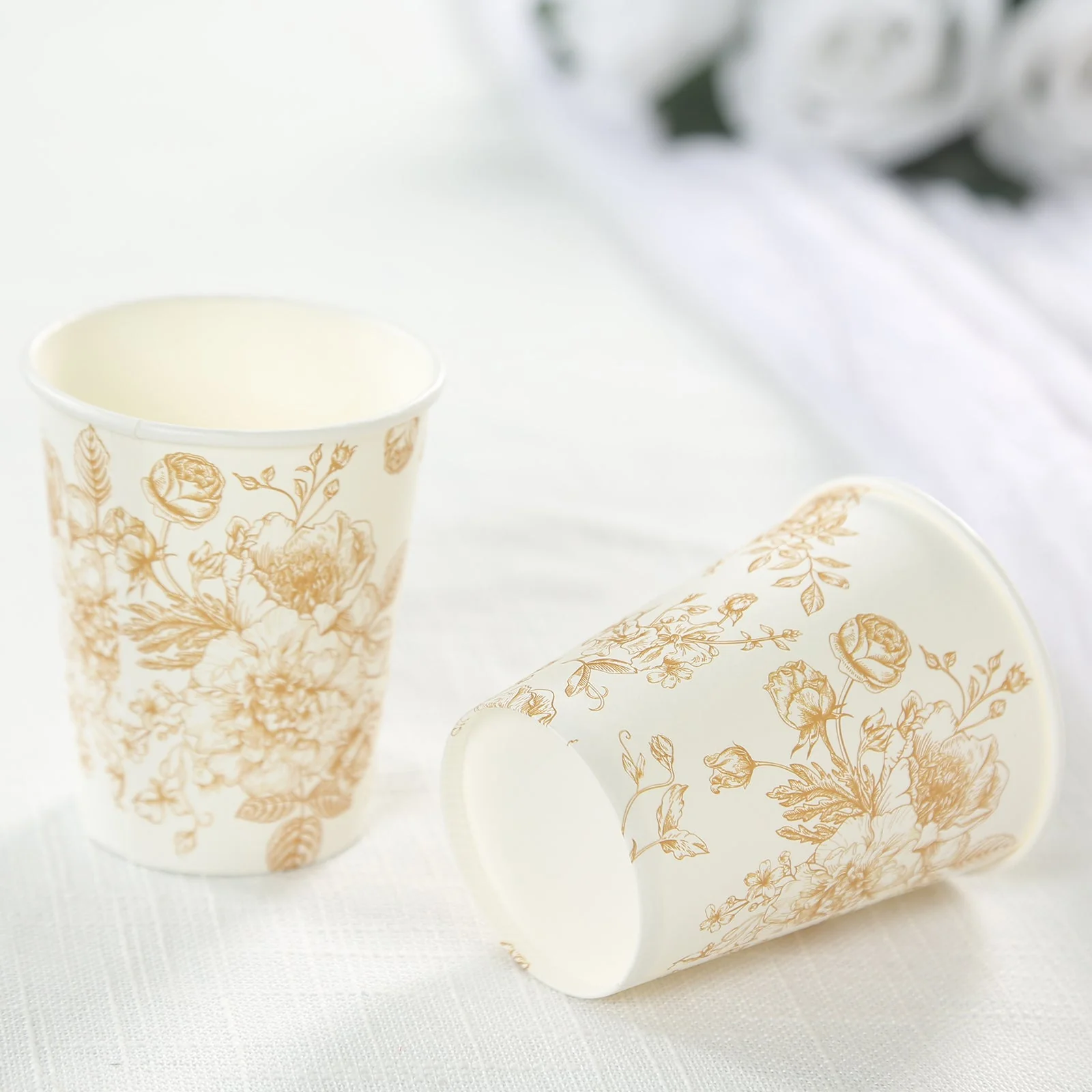 24-Pack Paper Cups in White with Gold French Toile Print - Stylish Disposable Floral Party Cups for Weddings & All Purpose Use 9oz - Image 8