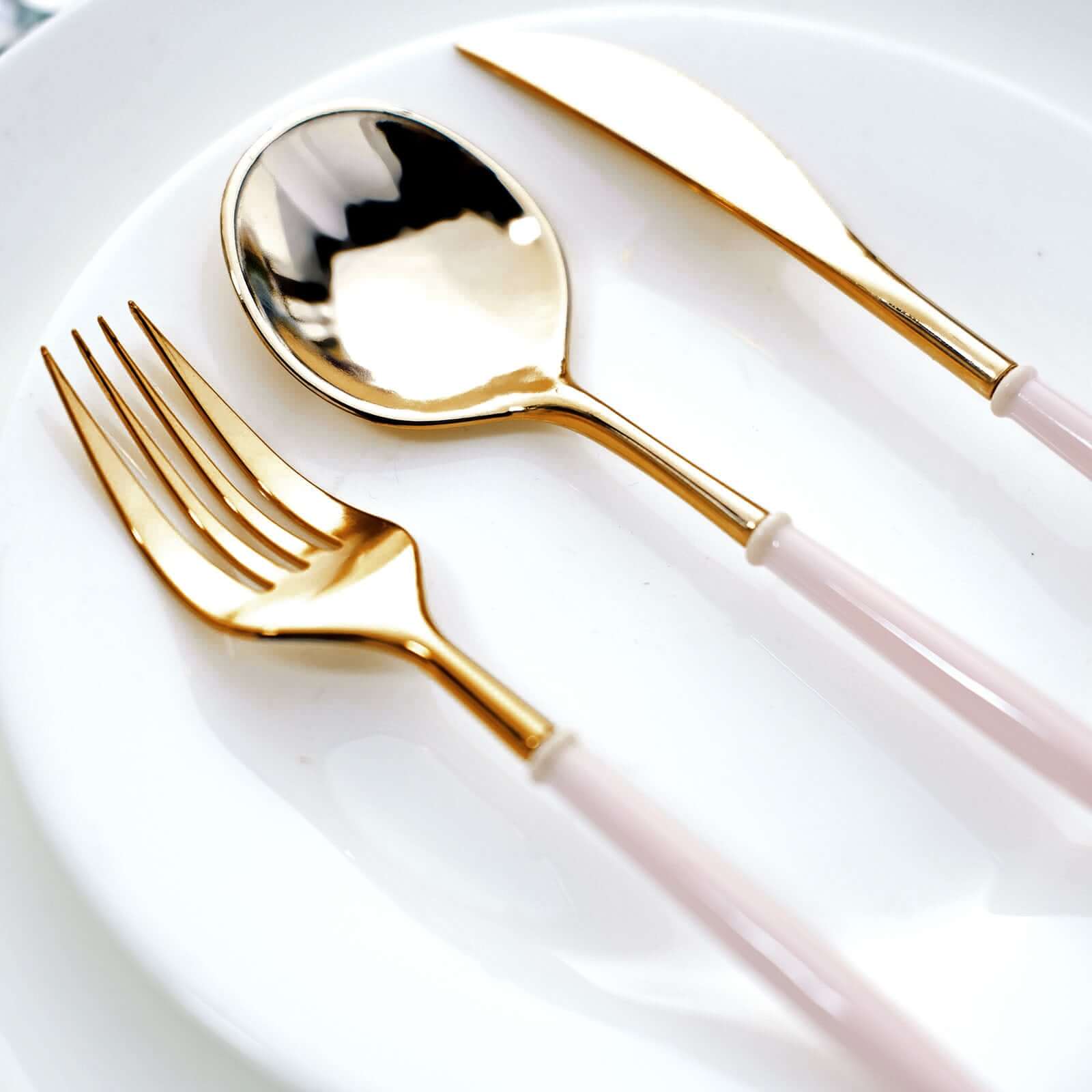 24-Pack Plastic Flatware Set in Metallic Gold with Blush Handle - Heavy Duty Disposable Modern Silverware 8" - Image 6