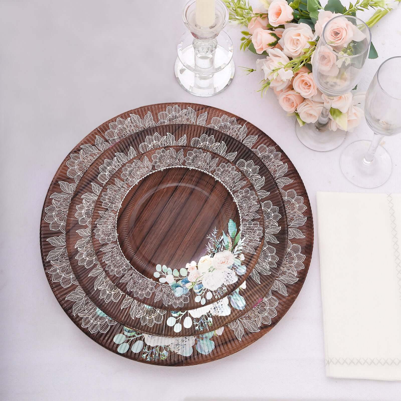 25-Pack Disposable Round Charger Plates in Brown Rustic Wood Print with Floral Lace Rim - Durable Paper Chargers for Rustic Themes & Outdoor Events 13" - Image 2