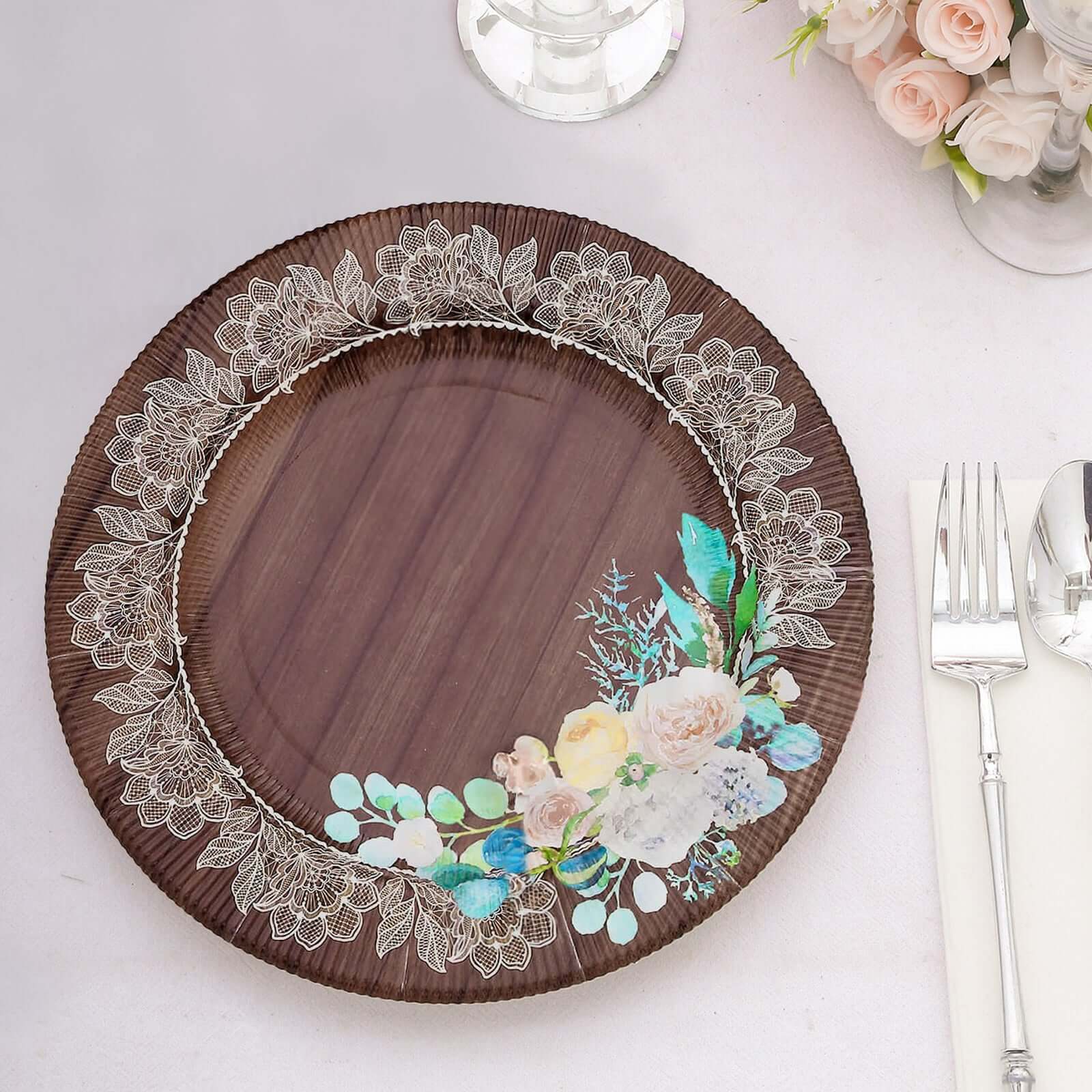 25-Pack Disposable Round Charger Plates in Brown Rustic Wood Print with Floral Lace Rim - Durable Paper Chargers for Rustic Themes & Outdoor Events 13" - Image 4