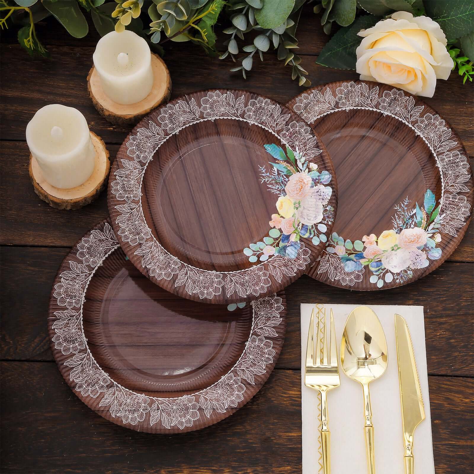 25-Pack Disposable Round Charger Plates in Brown Rustic Wood Print with Floral Lace Rim - Durable Paper Chargers for Rustic Themes & Outdoor Events 13" - Image 9
