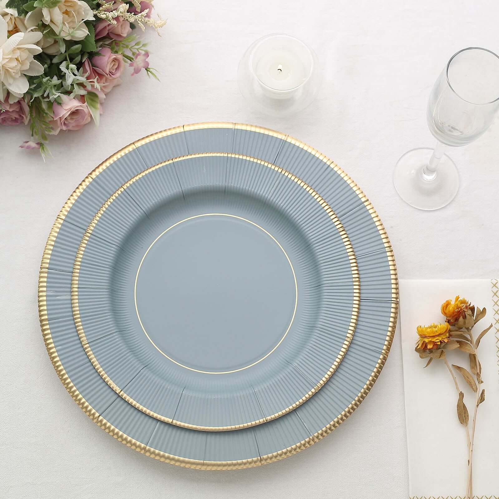 25-Pack Disposable Round Charger Plates in Dusty Blue Sunray Design with Gold Rim - 350GSM Heavy Duty Paper Chargers 13" - Image 8