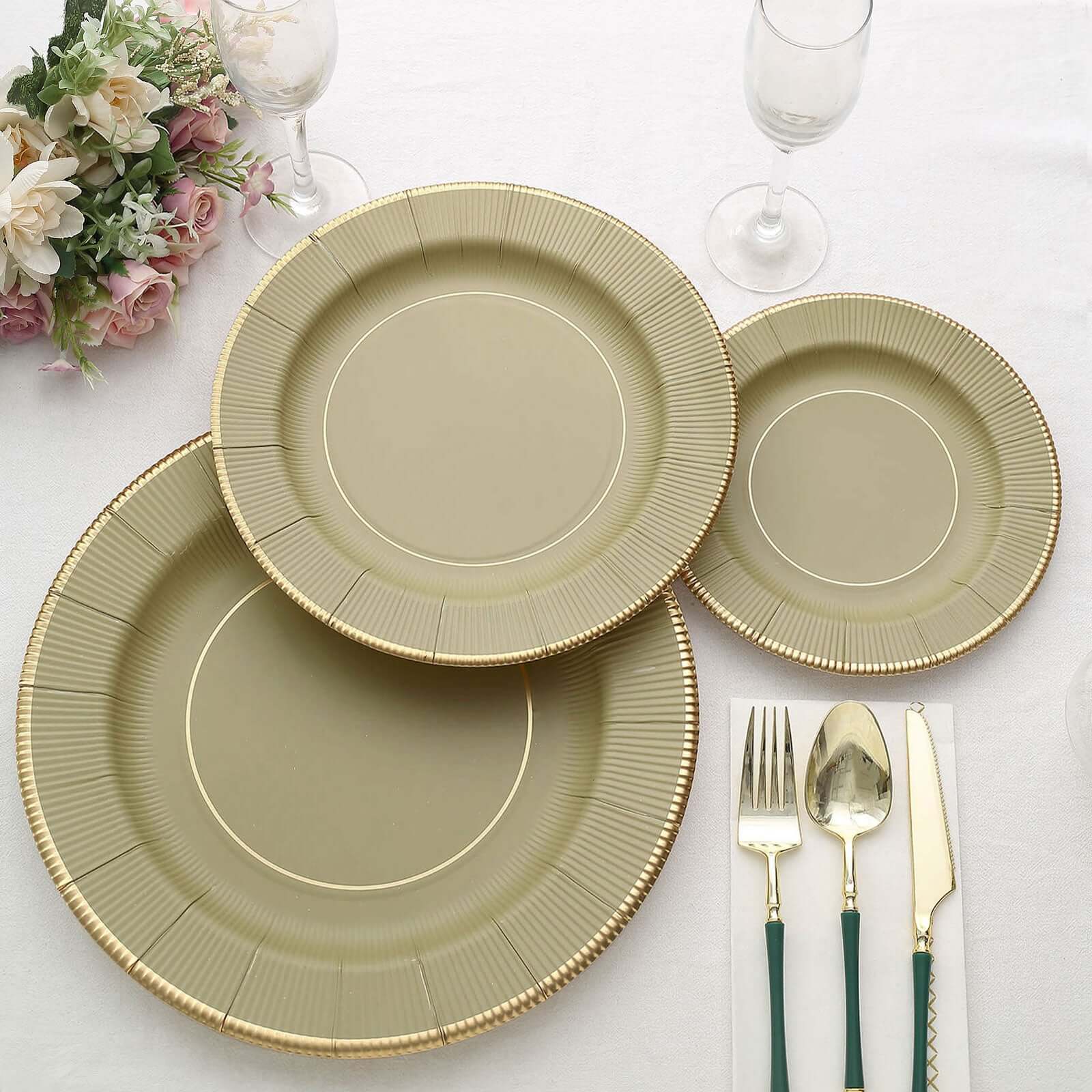 25-Pack Disposable Round Charger Plates in Khaki Sunray Design with Gold Rim - 350GSM Heavy Duty Paper Chargers 13" - Image 12