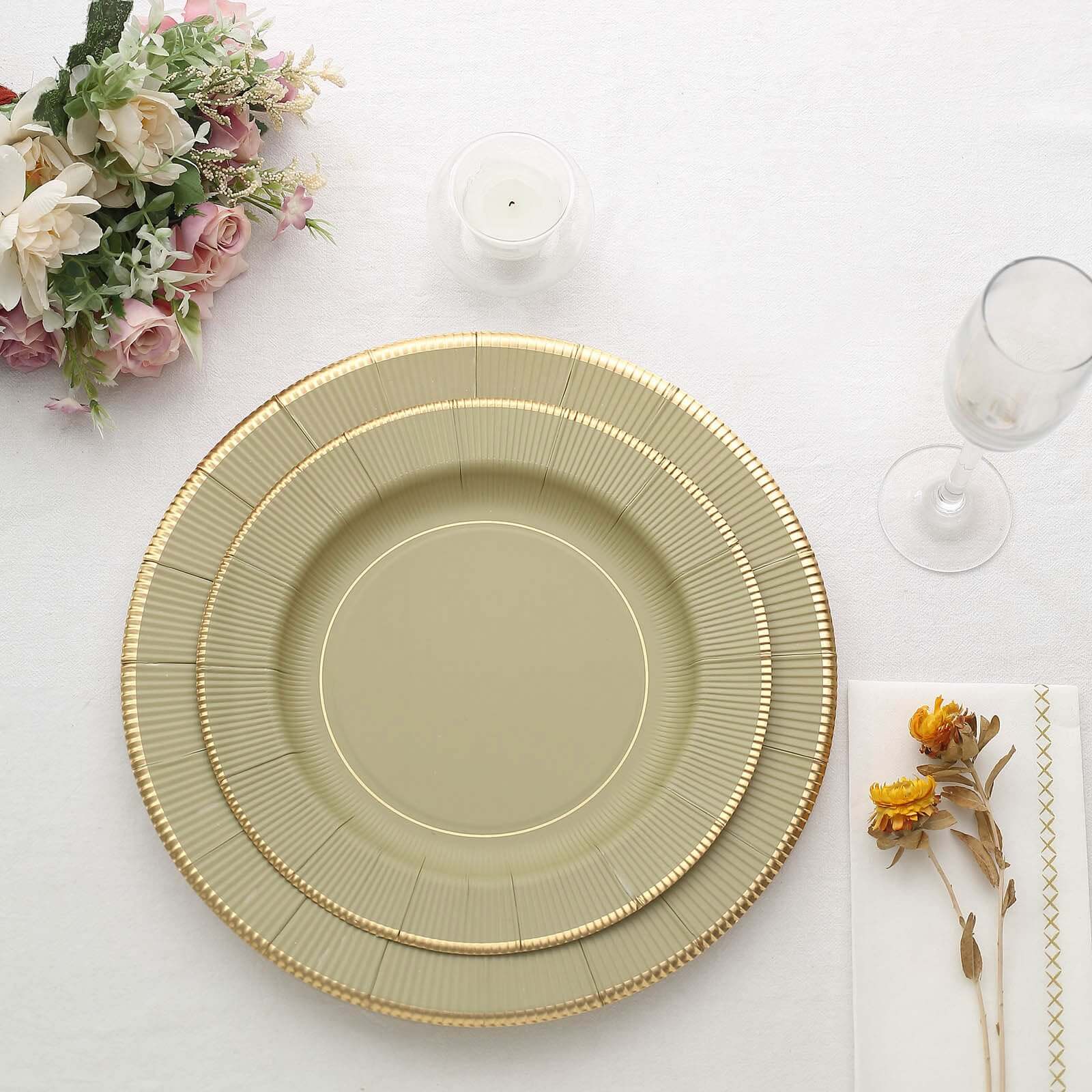 25-Pack Disposable Round Charger Plates in Khaki Sunray Design with Gold Rim - 350GSM Heavy Duty Paper Chargers 13" - Image 8