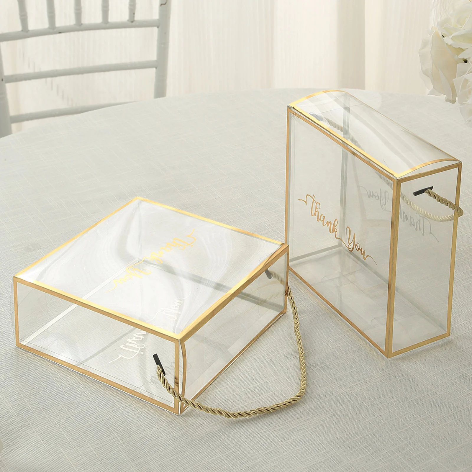 25 Pack Gold Trimmed Clear PVC Gift Boxes with Rope Handles and Thank You Print, Square Transparent Portable Candy Favor Boxes - 8"x8" - Image 7