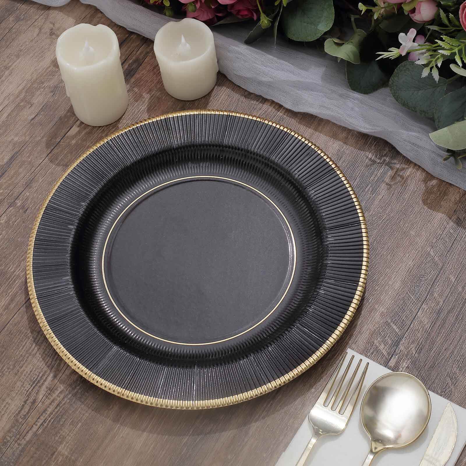 25-Pack Paper 10" Round Dinner Plates in Black Sunray Design with Gold Rim - Disposable Heavy Duty 350GSM Party Plates for Banquets & Celebrations - Image 10