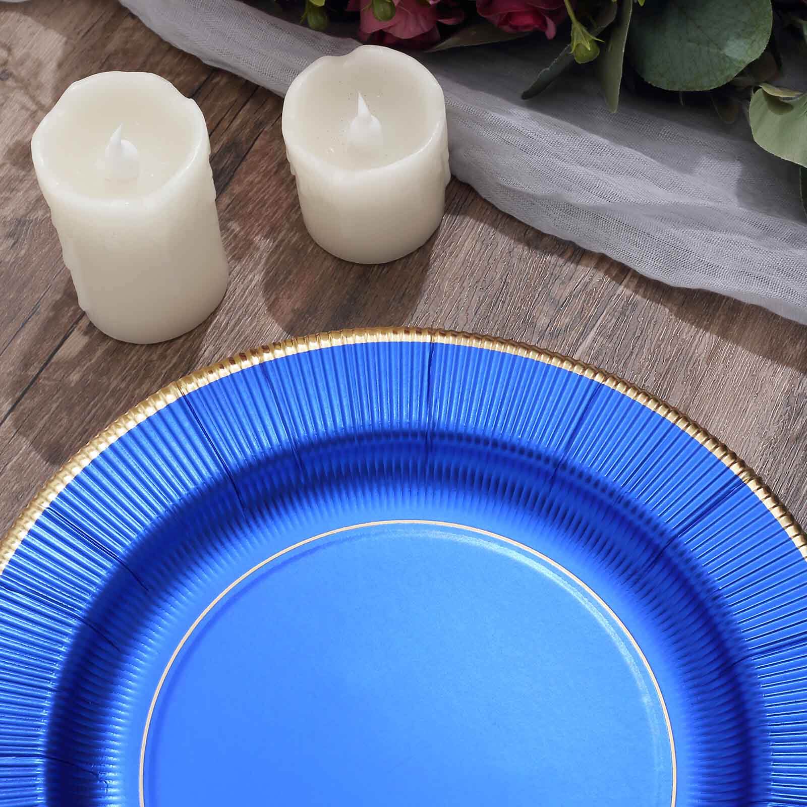 25-Pack Paper 10" Round Dinner Plates in Royal Blue Sunray Design with Gold Rim - Disposable Heavy Duty 350GSM Party Plates - Image 13