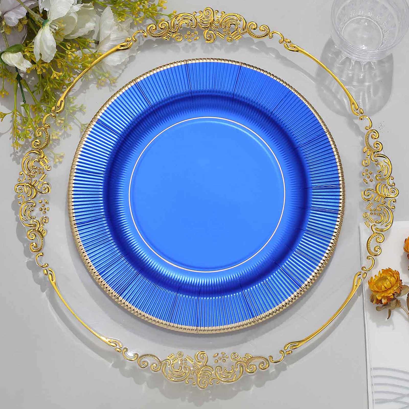 25-Pack Paper 10" Round Dinner Plates in Royal Blue Sunray Design with Gold Rim - Disposable Heavy Duty 350GSM Party Plates - Image 6