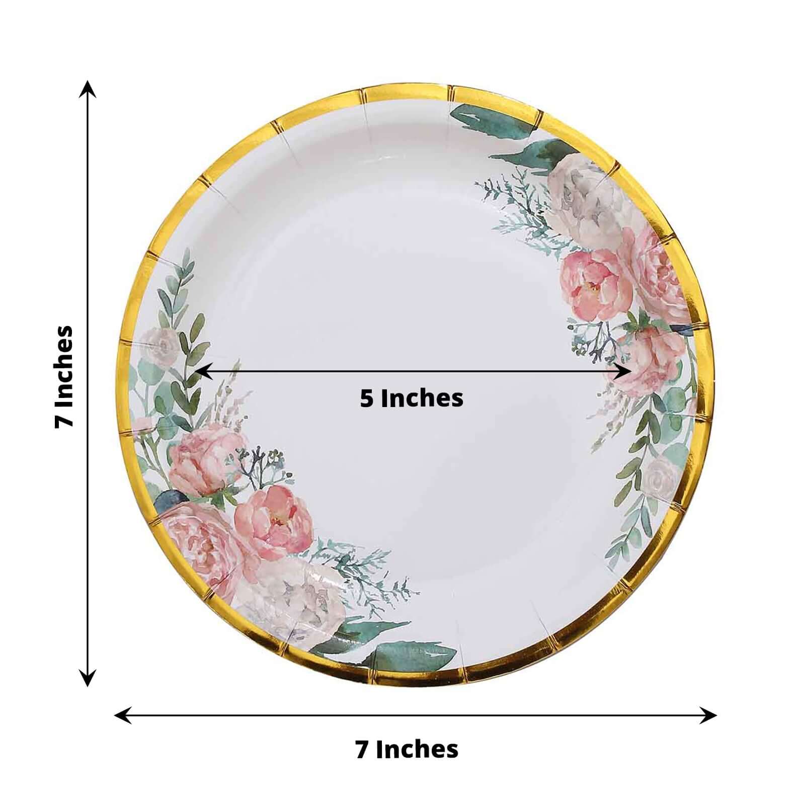 25-Pack Paper 7" Round Dessert Plates in White with Peony Floral Design & Gold Rim - Disposable Floral Salad Appetizer Plates for Brunches & Afternoon Teas - Image 3