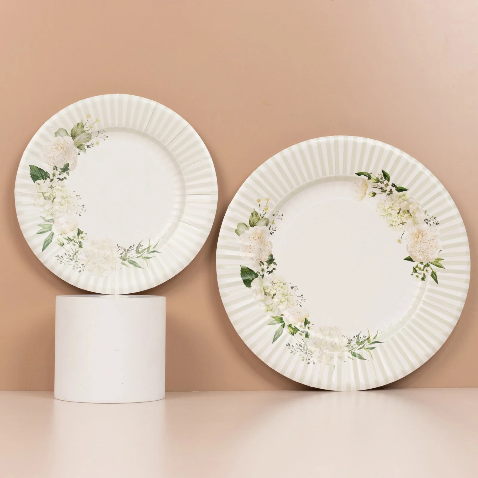 25-Pack Paper 8" Round Dessert Plates in White with Sage Green Floral Print & Lined Rim - Image 3