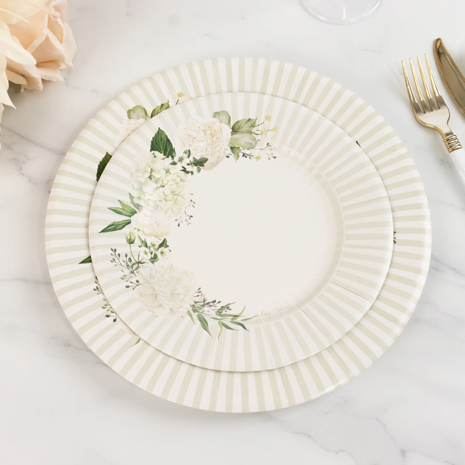 25-Pack Paper 8" Round Dessert Plates in White with Sage Green Floral Print & Lined Rim - Image 5