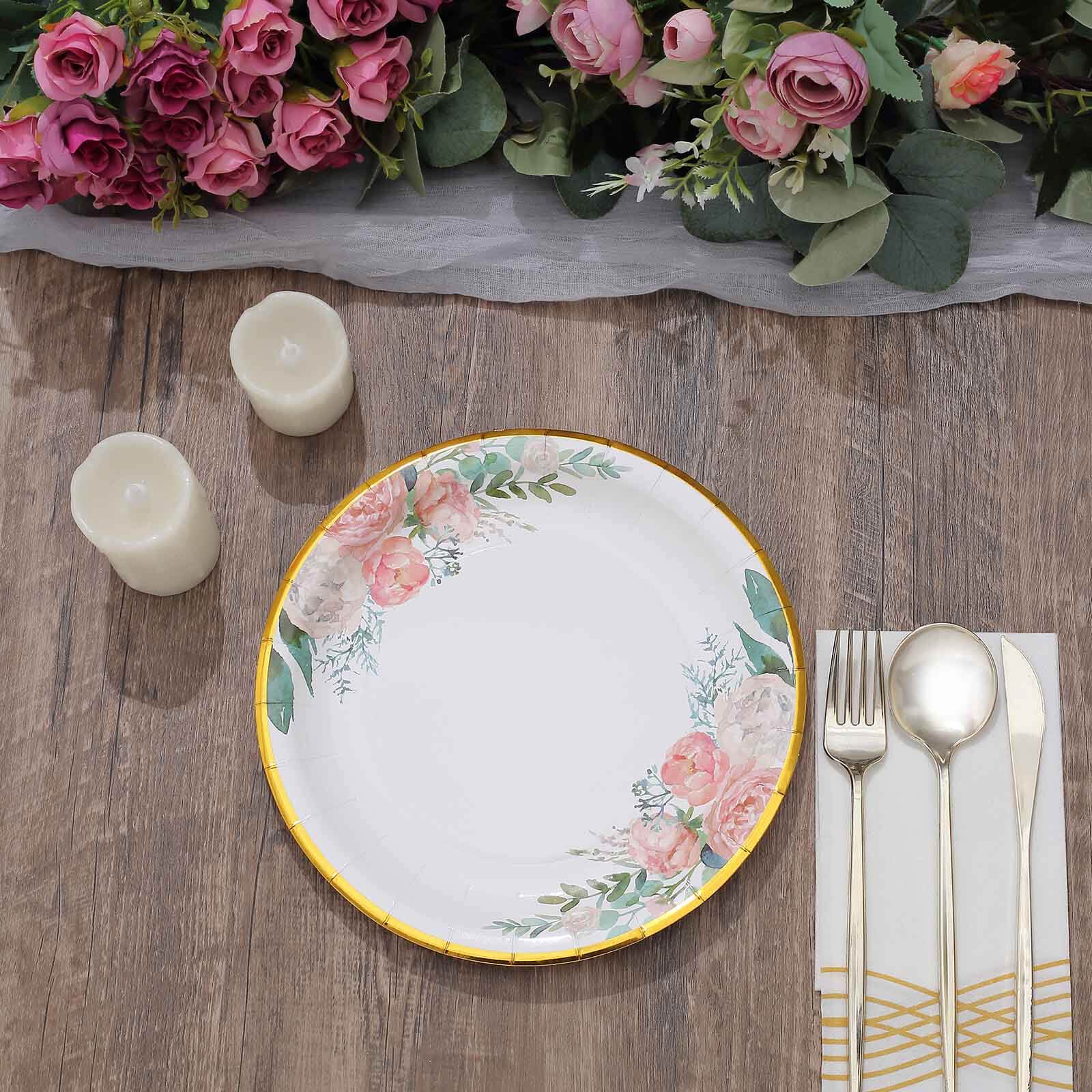 25-Pack Paper 9" Round Dinner Plates White with Peony Floral Design & Gold Rim - Disposable Floral Party Plates for Brunches & Afternoon Teas - Image 9