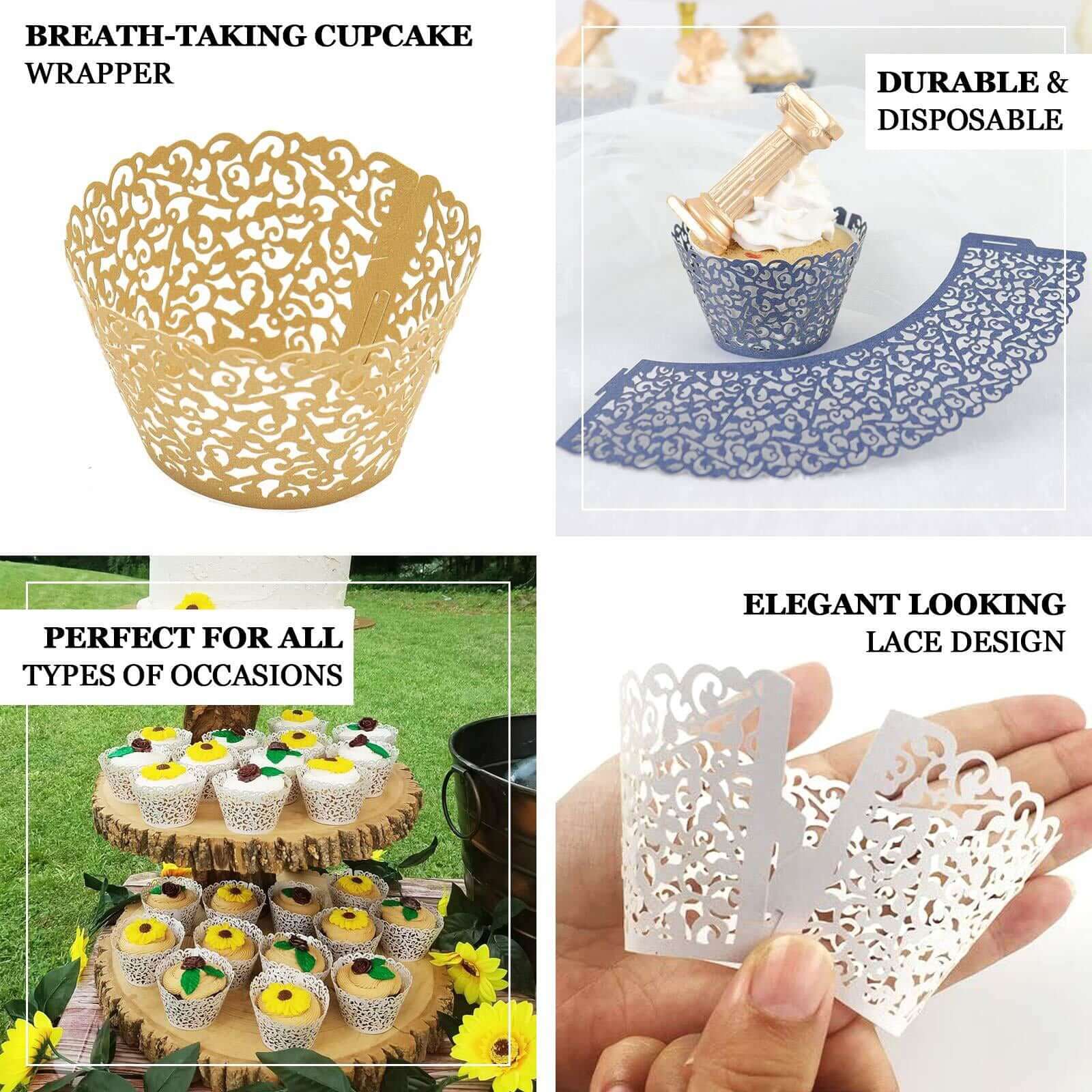 25-Pack Paper Cupcake Wrappers Lace Laser Cut Design Black - Muffin Baking Cup Trays for Events - Image 4
