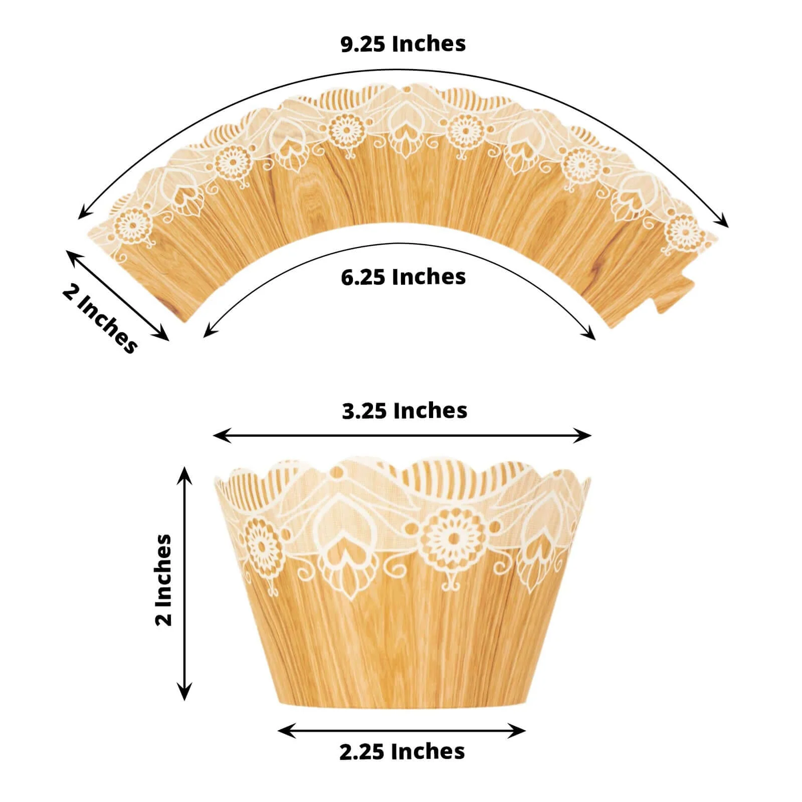 25-Pack Paper Cupcake Wrappers Wood Grain and Lace Print Design Natural - Boho Muffin Baking Cup Wraps - Image 3