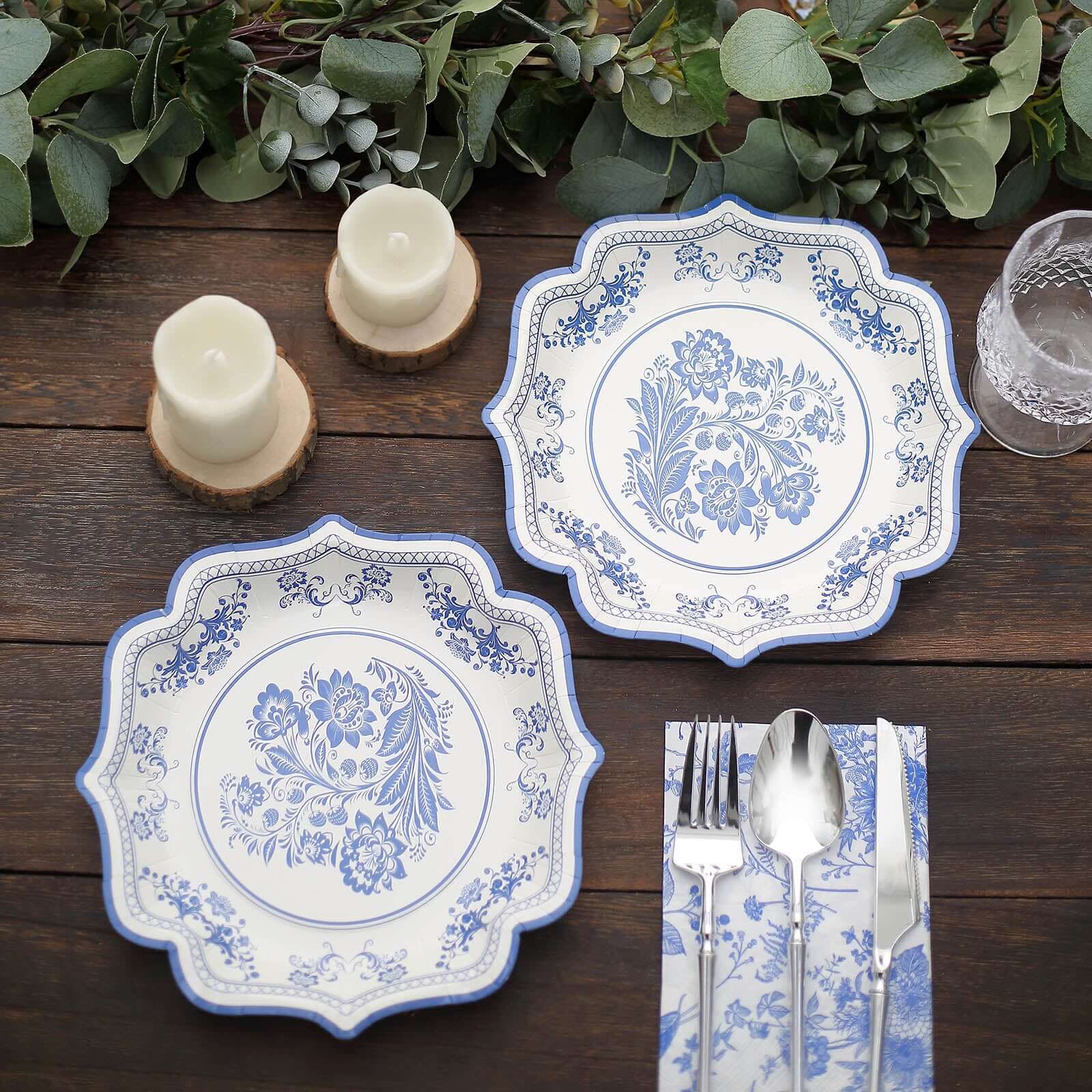 25-Pack Paper Dessert Plates in White with Light Blue Damask Floral Print & Scallop Rim - Stylish Disposable 300GSM Floral Salad Appetizer Plates 8" - Image 10