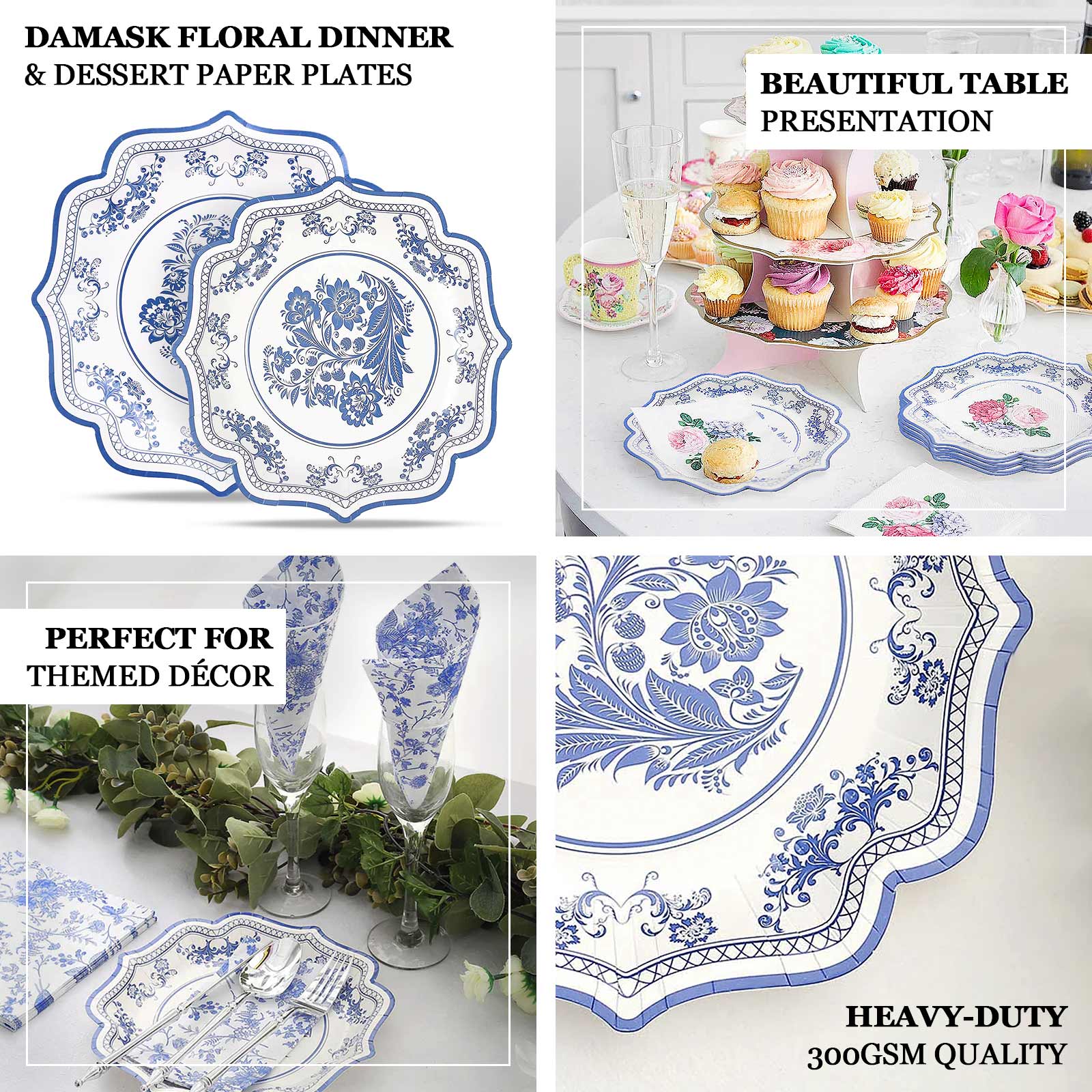 25-Pack Paper Dessert Plates in White with Light Blue Damask Floral Print & Scallop Rim - Stylish Disposable 300GSM Floral Salad Appetizer Plates 8" - Image 4