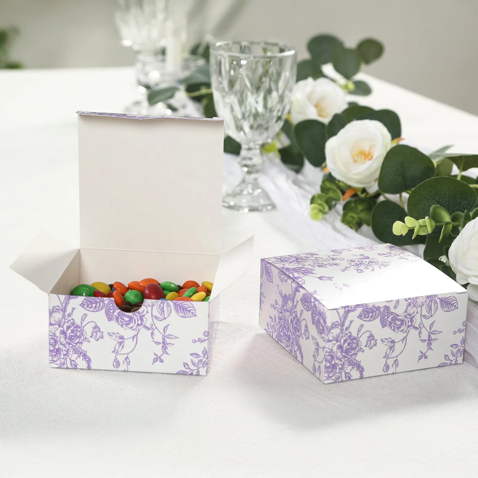 25 Pack Party Favors Boxes in French Toile Pattern, Matte Lavender and White Candy Gift Boxes - Cardstock Paper - 4"x4"x2" - Image 5