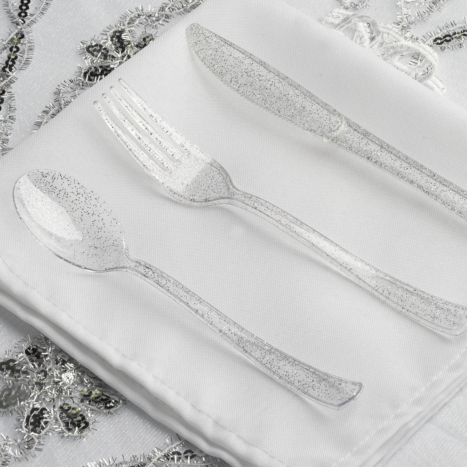 25-Pack Plastic Spoons Clear Silver Glitter Classic Heavy Duty - Decorative Disposable Tableware 7" - Image 2