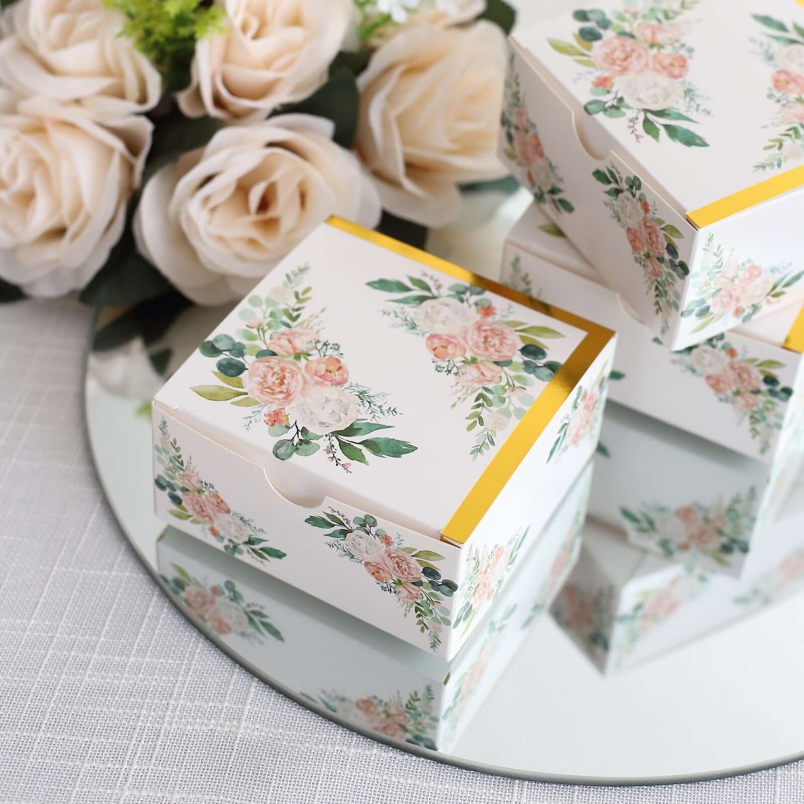 25 Pack White Pink Peony Flowers Print Paper Favor Boxes with Gold Edge, Cardstock Party Shower Candy Gift Boxes - 4"x4"x2" - Image 4
