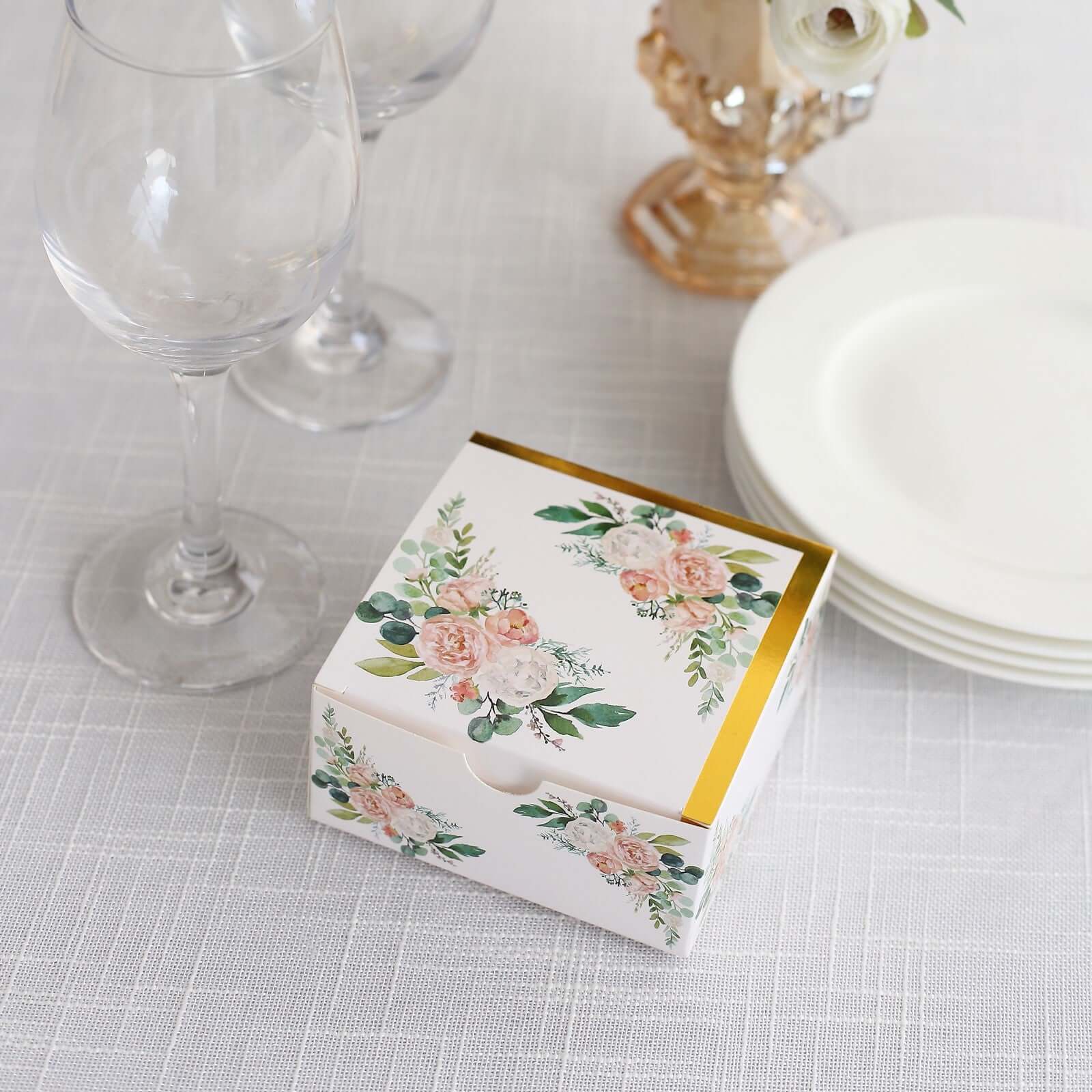 25 Pack White Pink Peony Flowers Print Paper Favor Boxes with Gold Edge, Cardstock Party Shower Candy Gift Boxes - 4"x4"x2" - Image 6