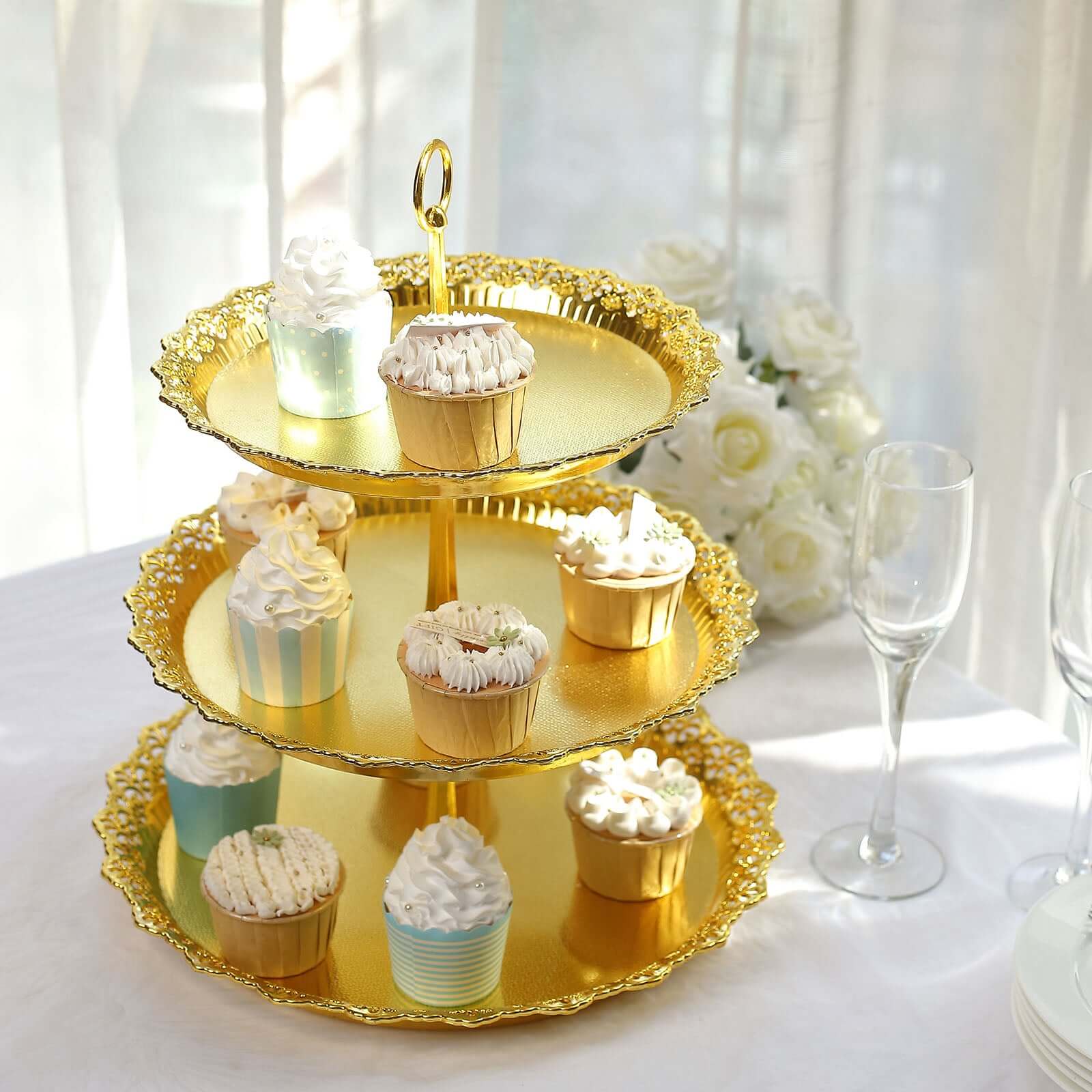 3-Tier Plastic Round Cupcake Stand 15" Metallic Gold with Lace Scalloped Edges Multifunctional Space Ssaving Dessert Display Tower Pastry Serving Tray - Image 6