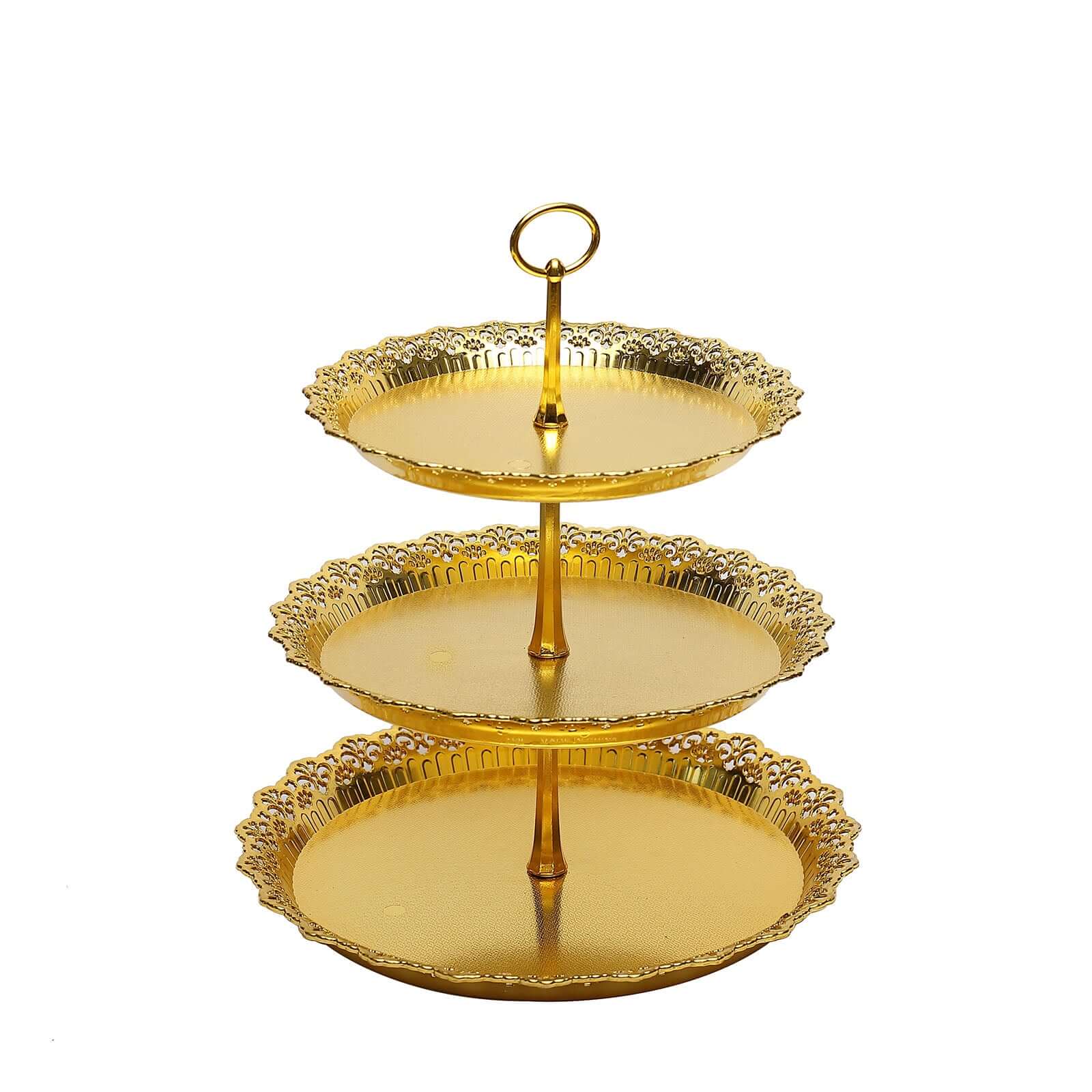 3-Tier Plastic Round Cupcake Stand 15" Metallic Gold with Lace Scalloped Edges Multifunctional Space Ssaving Dessert Display Tower Pastry Serving Tray - Image 7