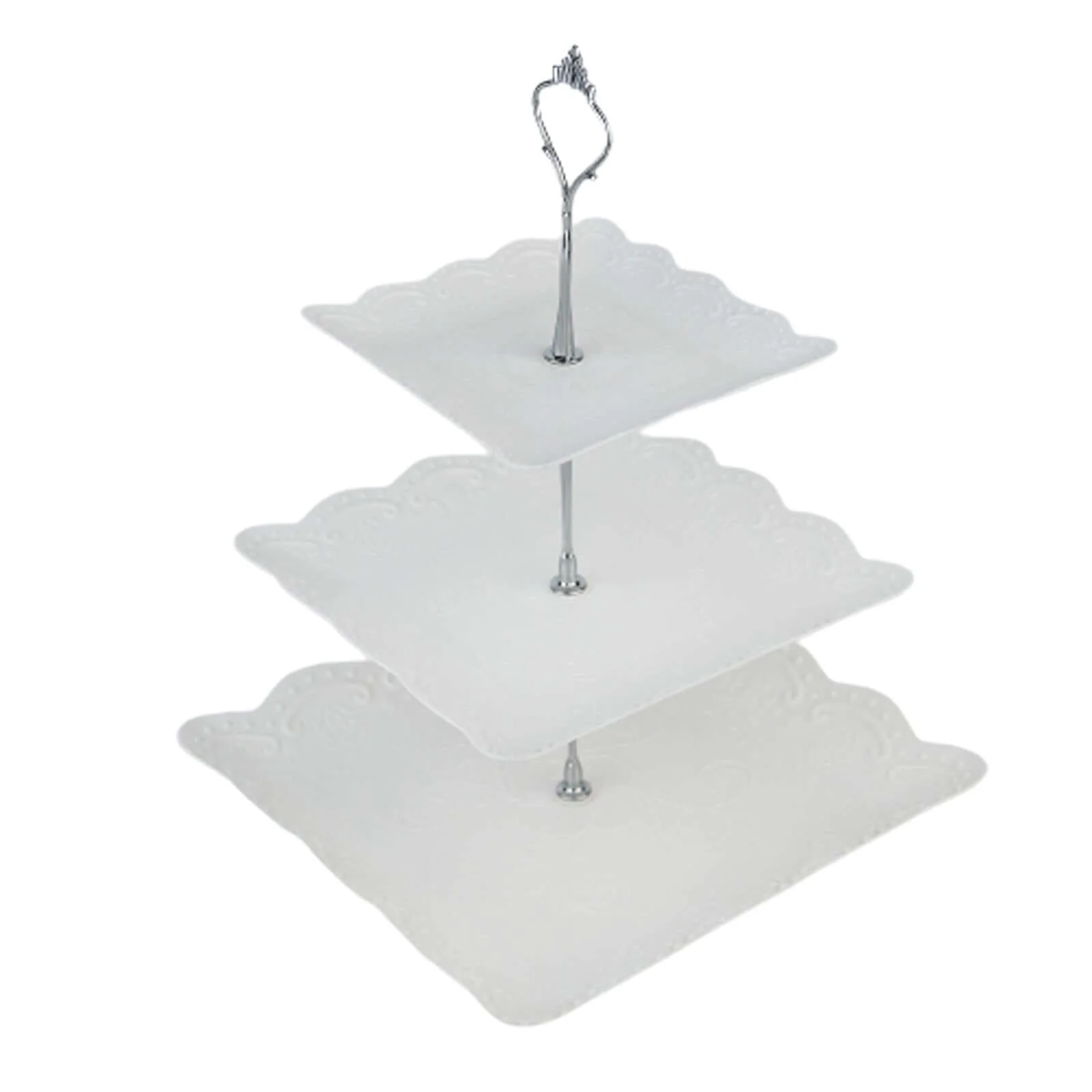 3-Tier Plastic Square Cupcake Stand Tower White - Charming Easy to Assemble Dessert Display Serving Tray Platter with Floral Embossed Scalloped Rim & Silver Handle for Tea Parties Weddings & Special Occasions 13" - Image 8