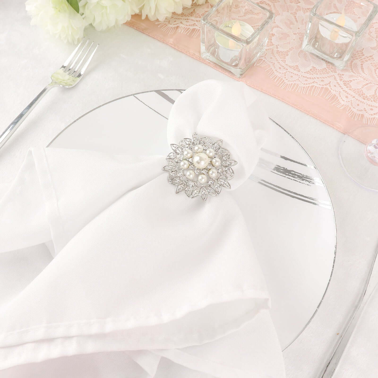 4 Pack Pearl And Diamond Rhinestone Flower Silver Metal Napkin Rings, Decorative Napkin Buckle Holders - Image 8