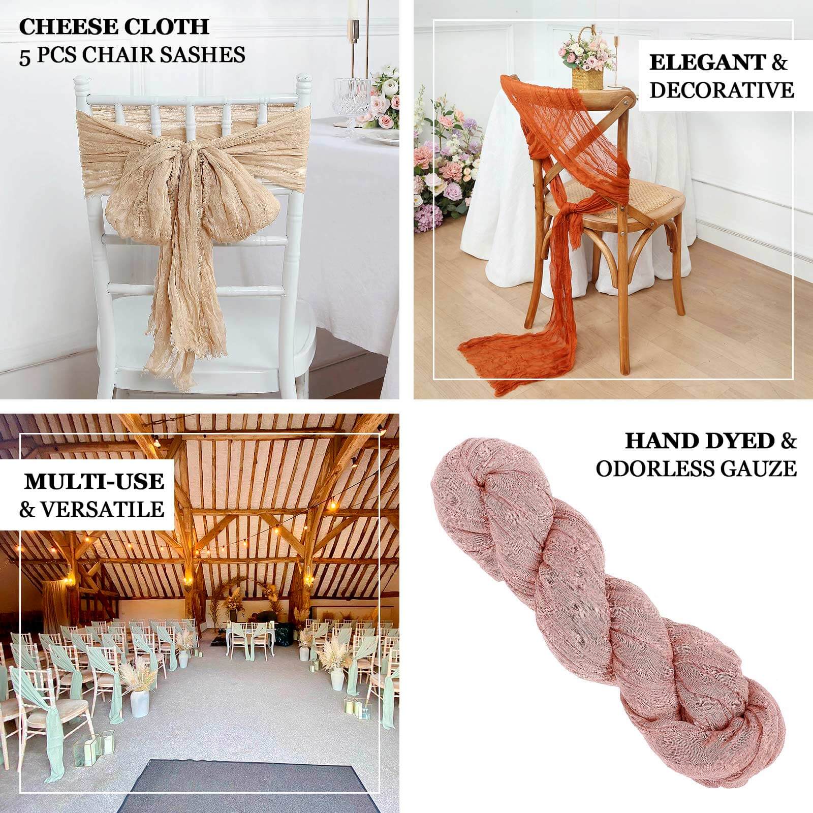 5 Pack Cheesecloth Gauze 16"x88" Chair Sashes Beige - Boho Chair Decorations - Image 4