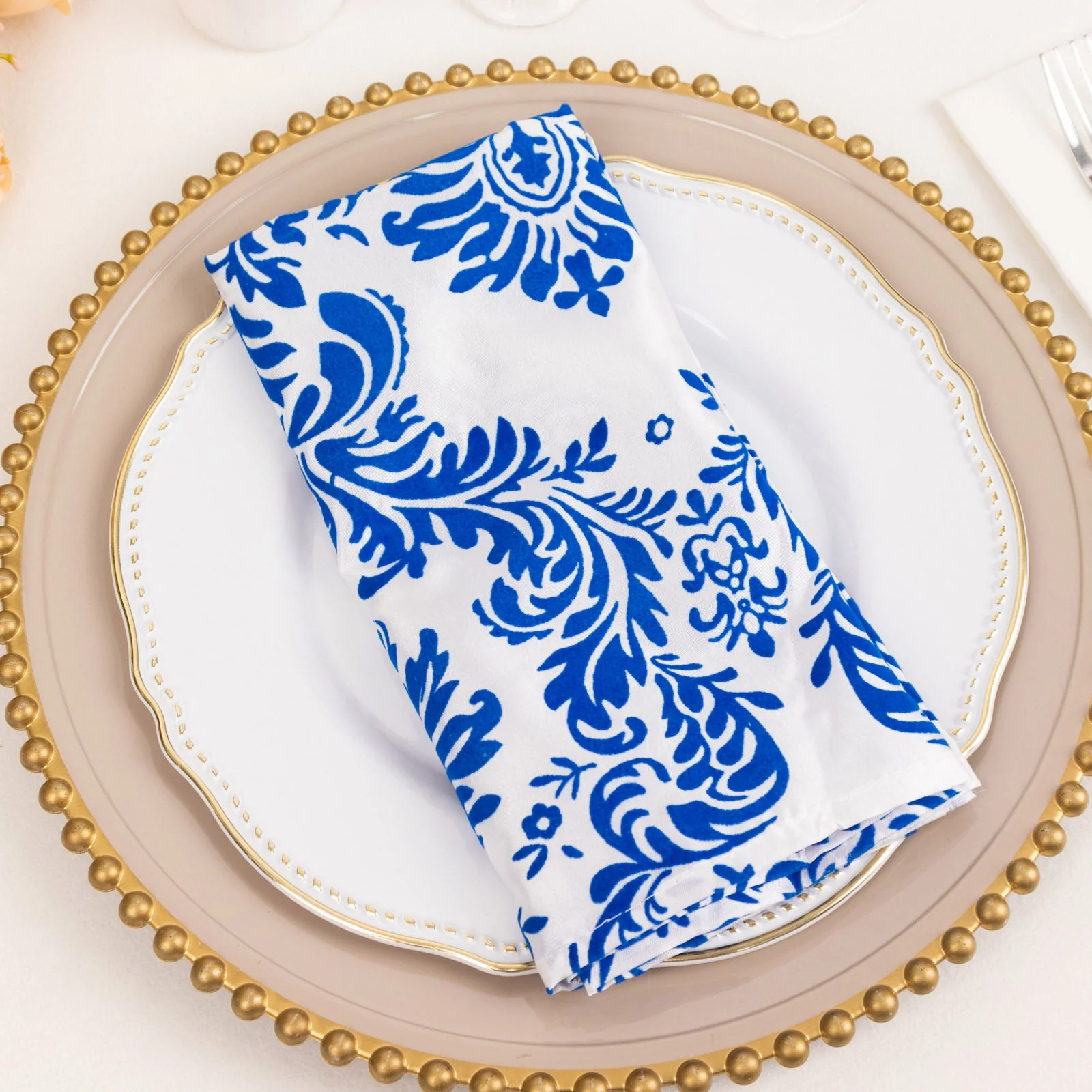 5 Pack Taffeta 20"x20" Napkins Royal Blue/White Damask Flocking Design - Decorative Dinner Napkins - Image 2